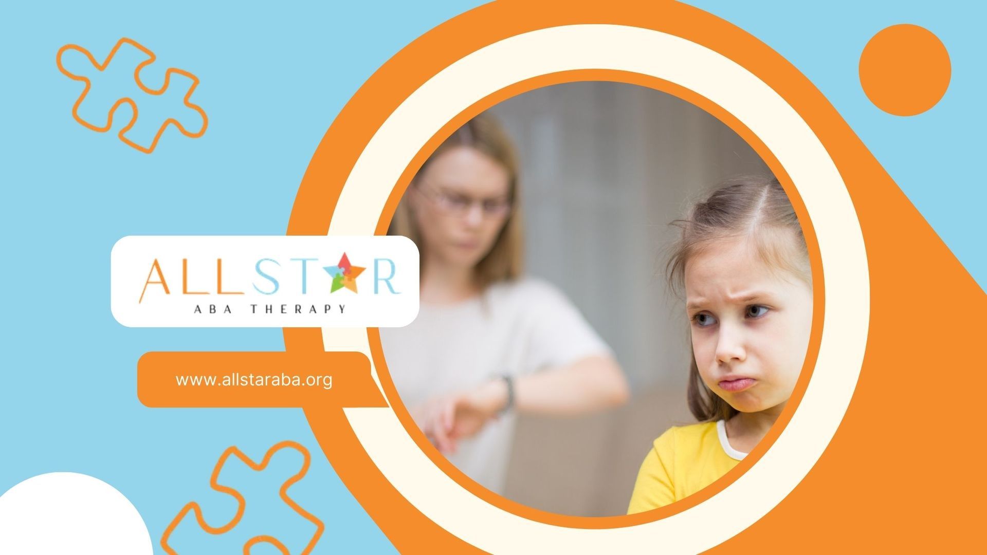 A young girl with a sad expression, therapist in background; All Star ABA Therapy logo.