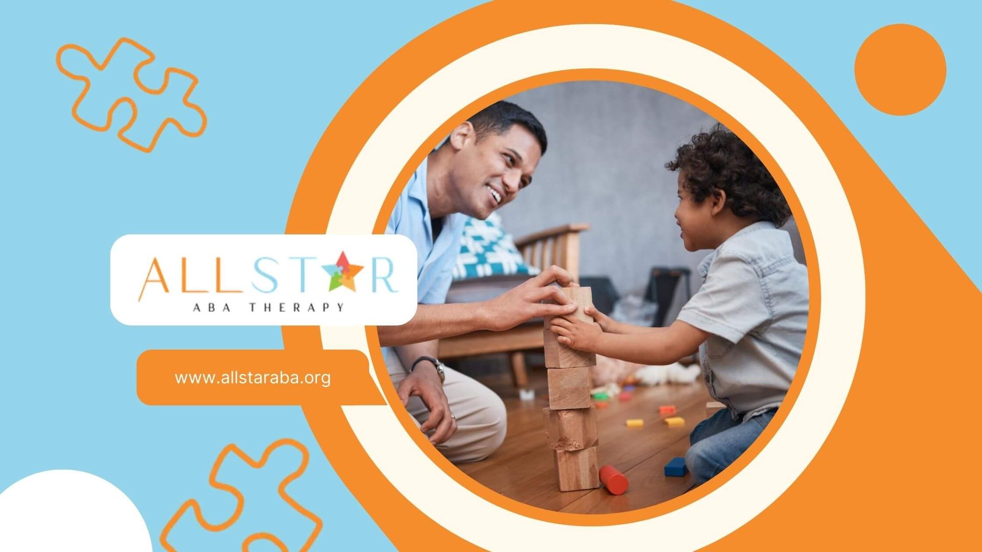 BCBA helping a young child stack wooden blocks indoors during ABA therapy.