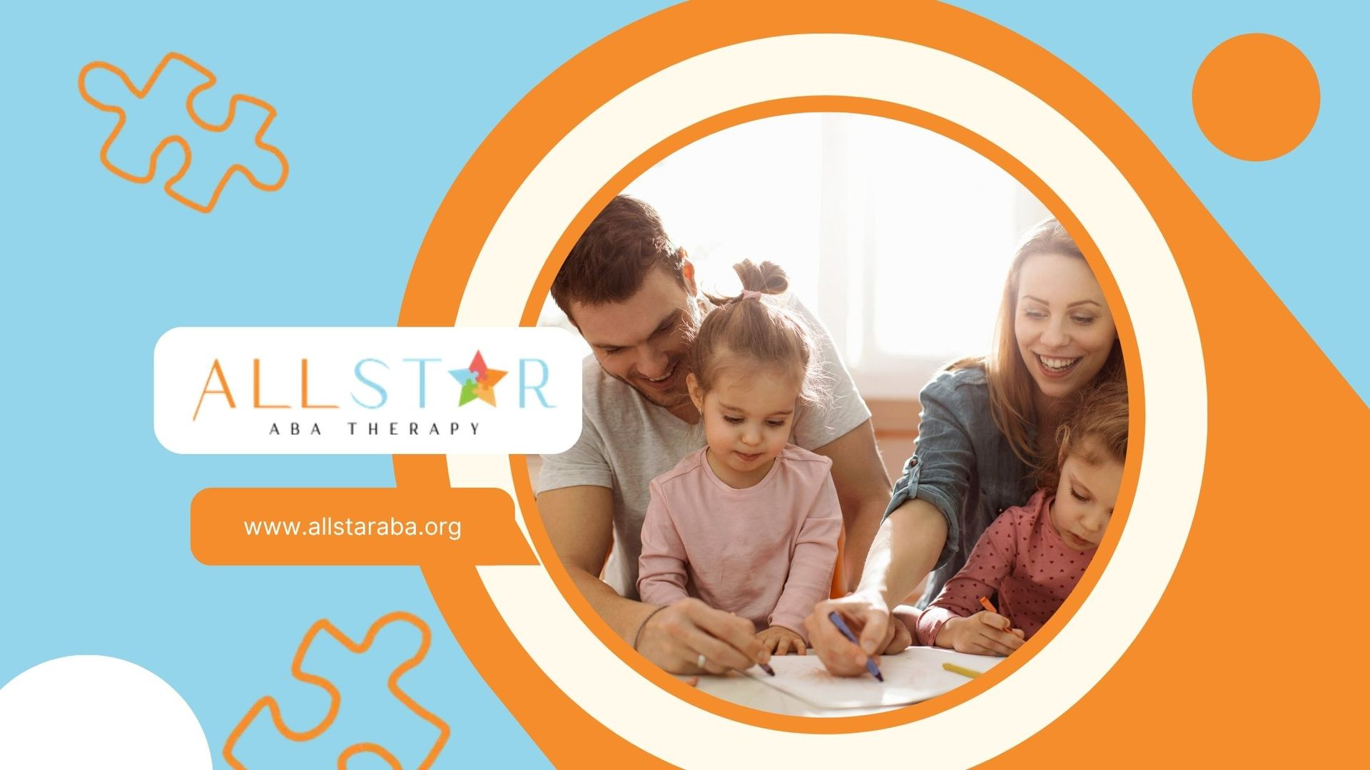 Family playing a puzzle game at a table beside the “All Star” logo on a blue-and-orange banner