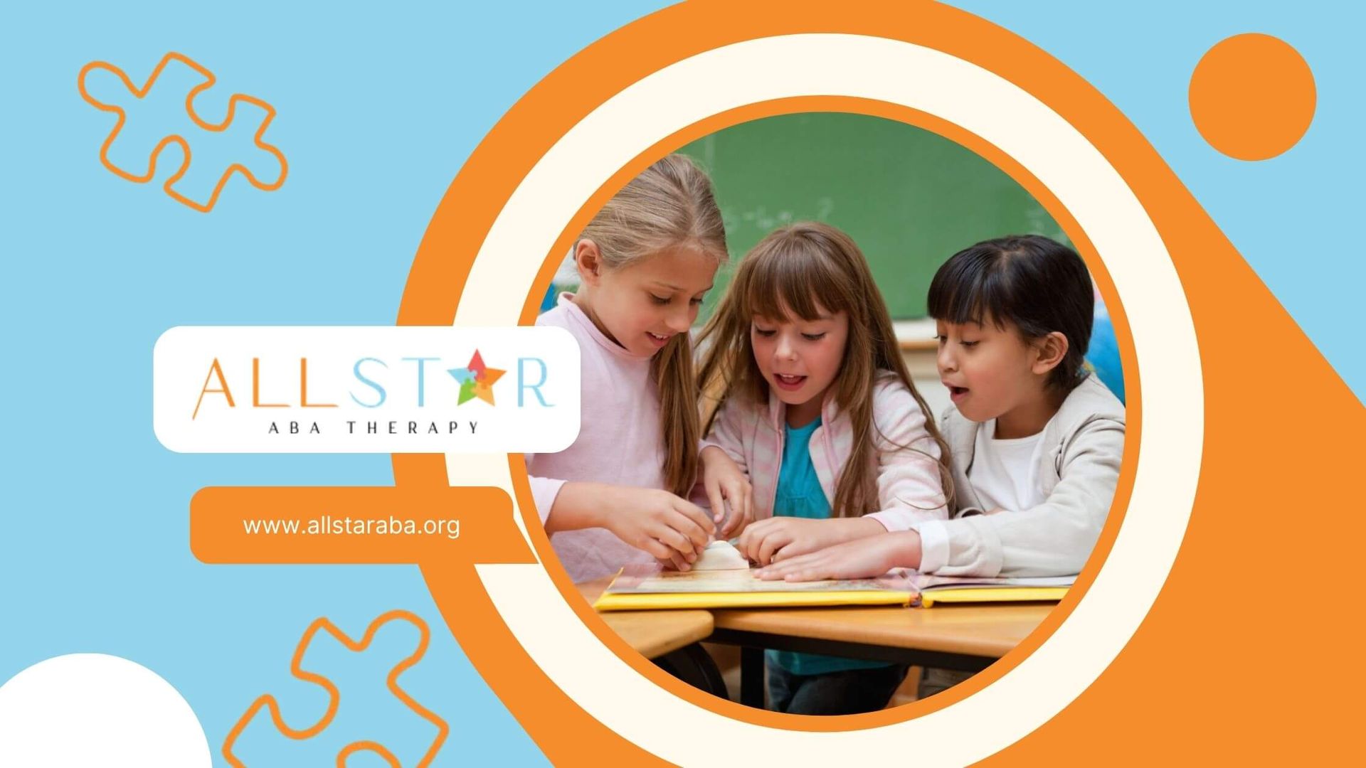 A group of children with autism are sitting at a table in a classroom.