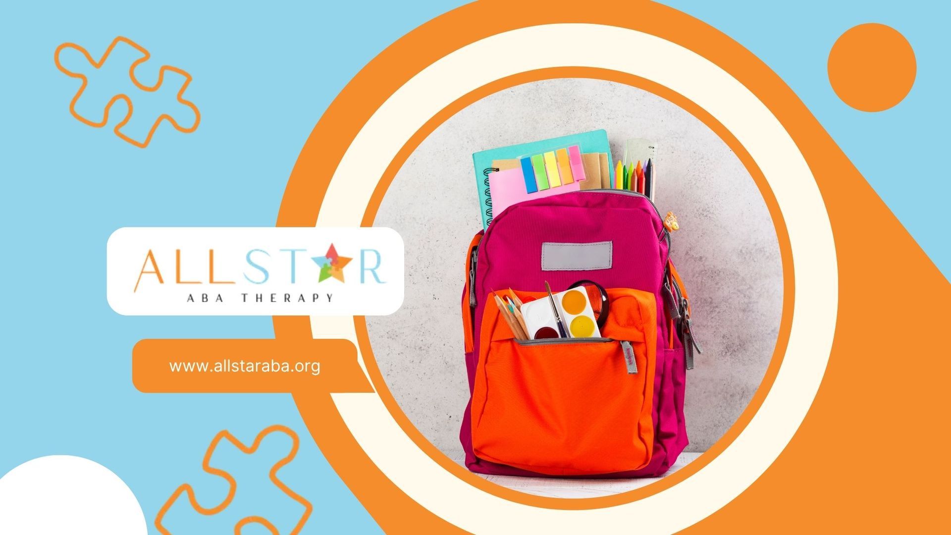 Pink and orange backpack on a light blue background