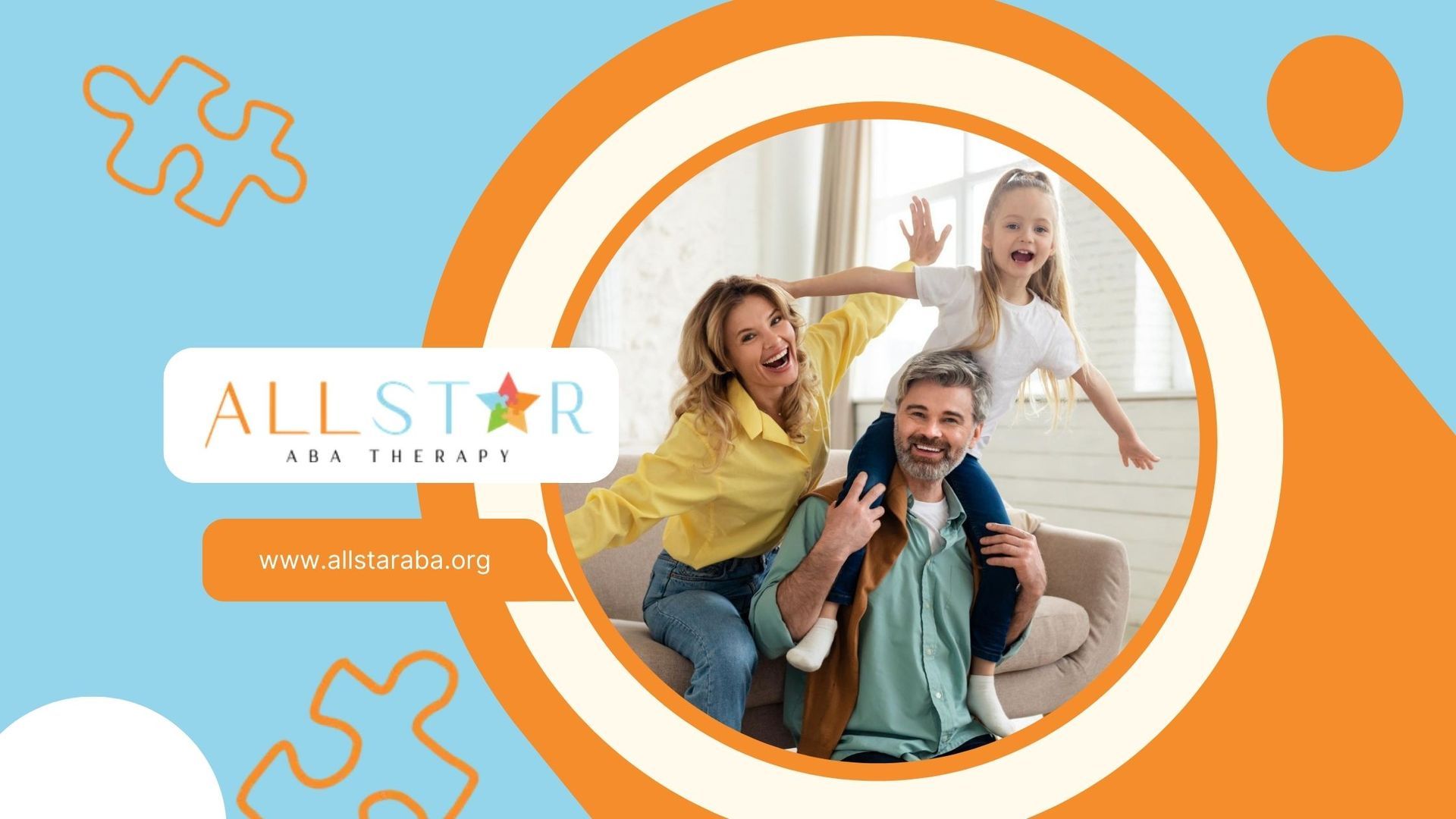 Family of three joyfully playing together, light blue and orange background, AllStar Therapy logo.