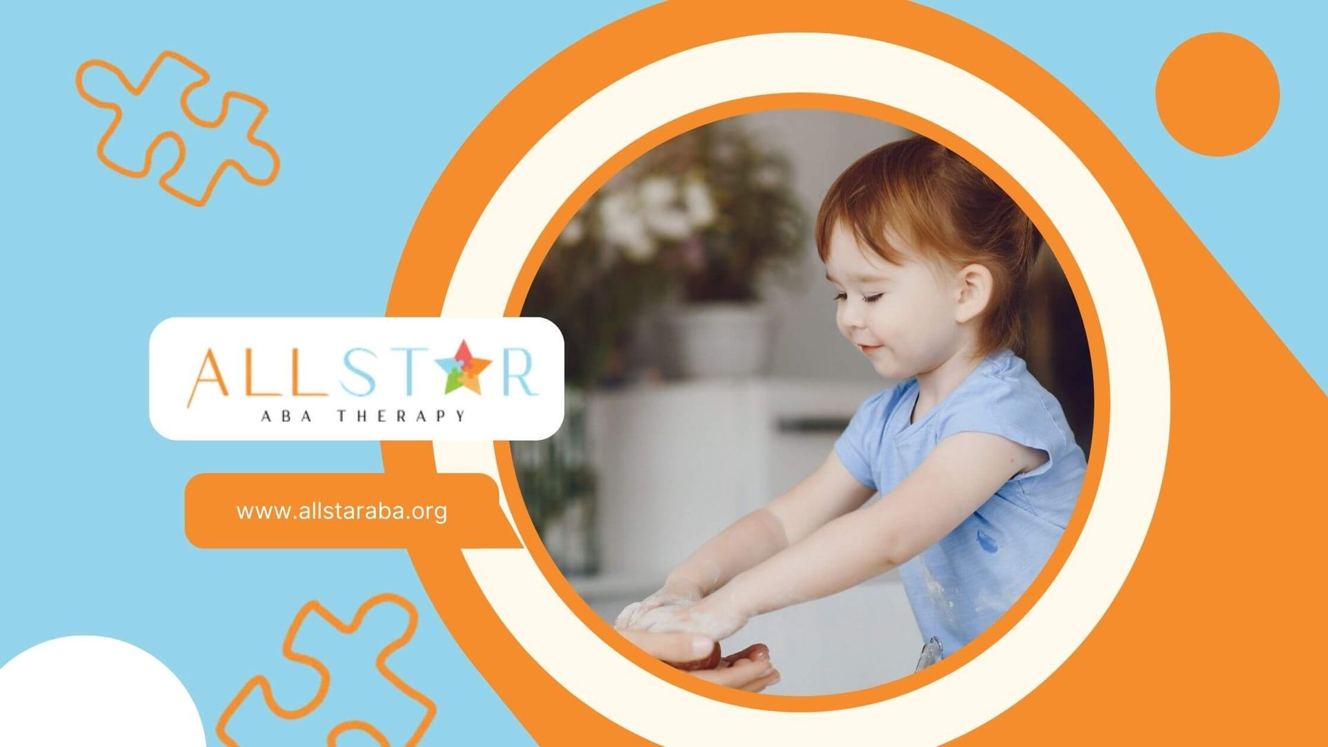 A young child plays with hands in a circular frame, the logo reads 