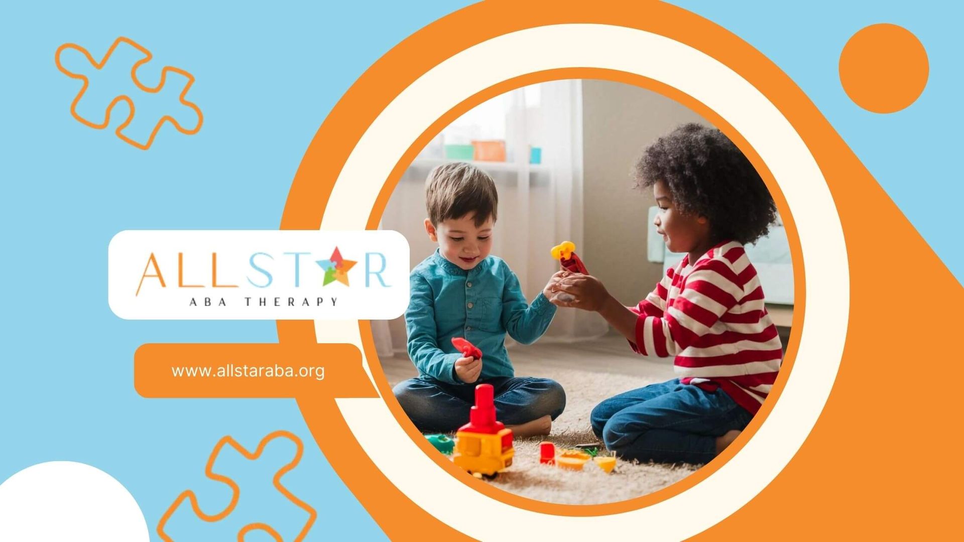 Three children with autism sitting on the floor playing with toys together in ABA therapy.