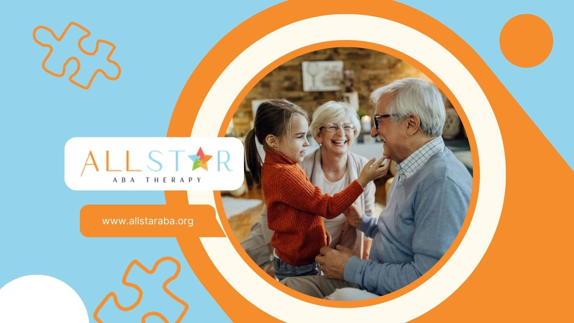 Grandparents smiling and playing with young granddaughter at home.