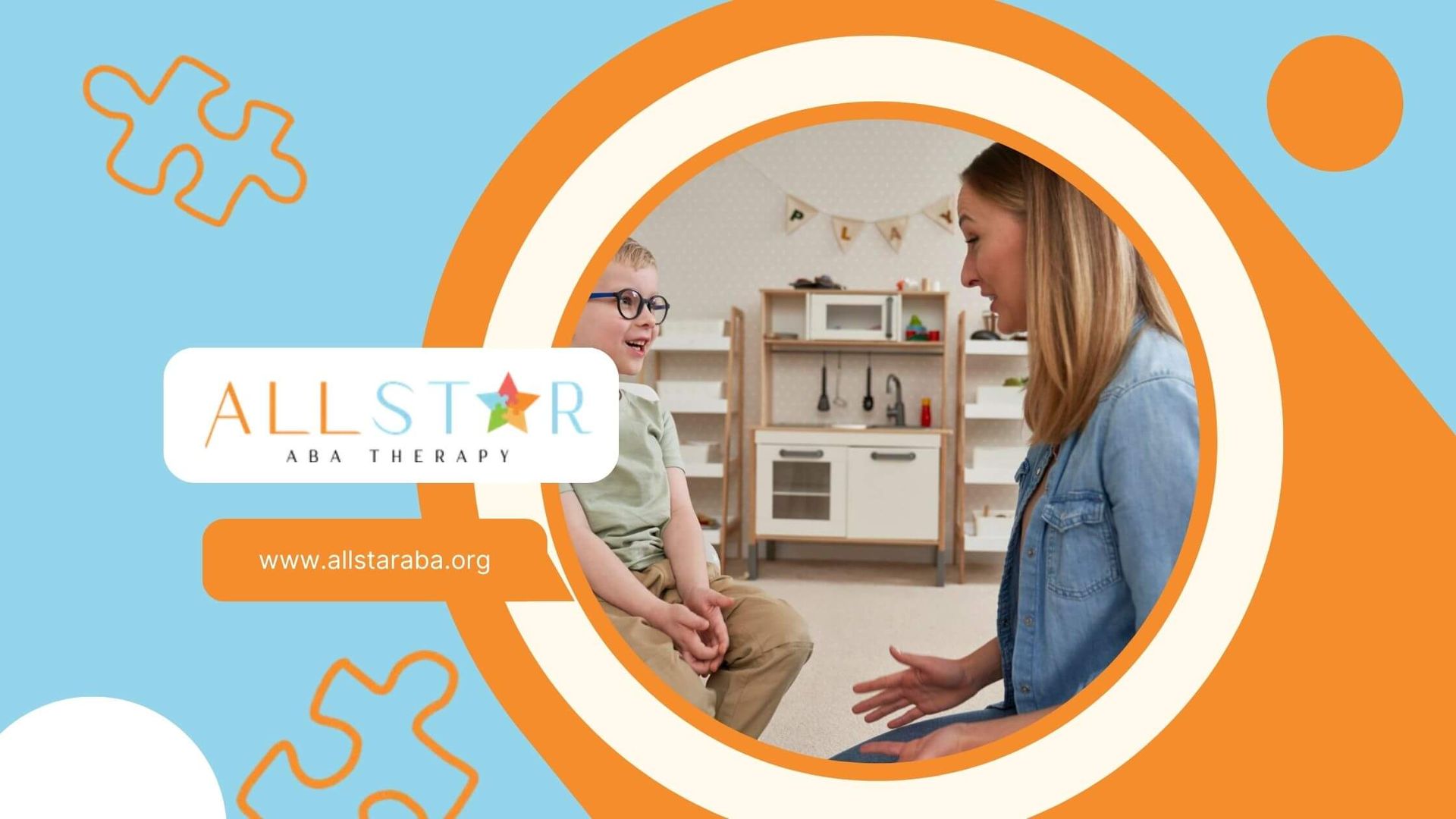 Smiling boy with glasses talking to BCBA in ABA therapy.