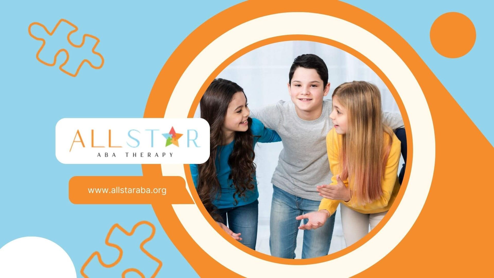 Four children with autism standing close together, smiling and talking.