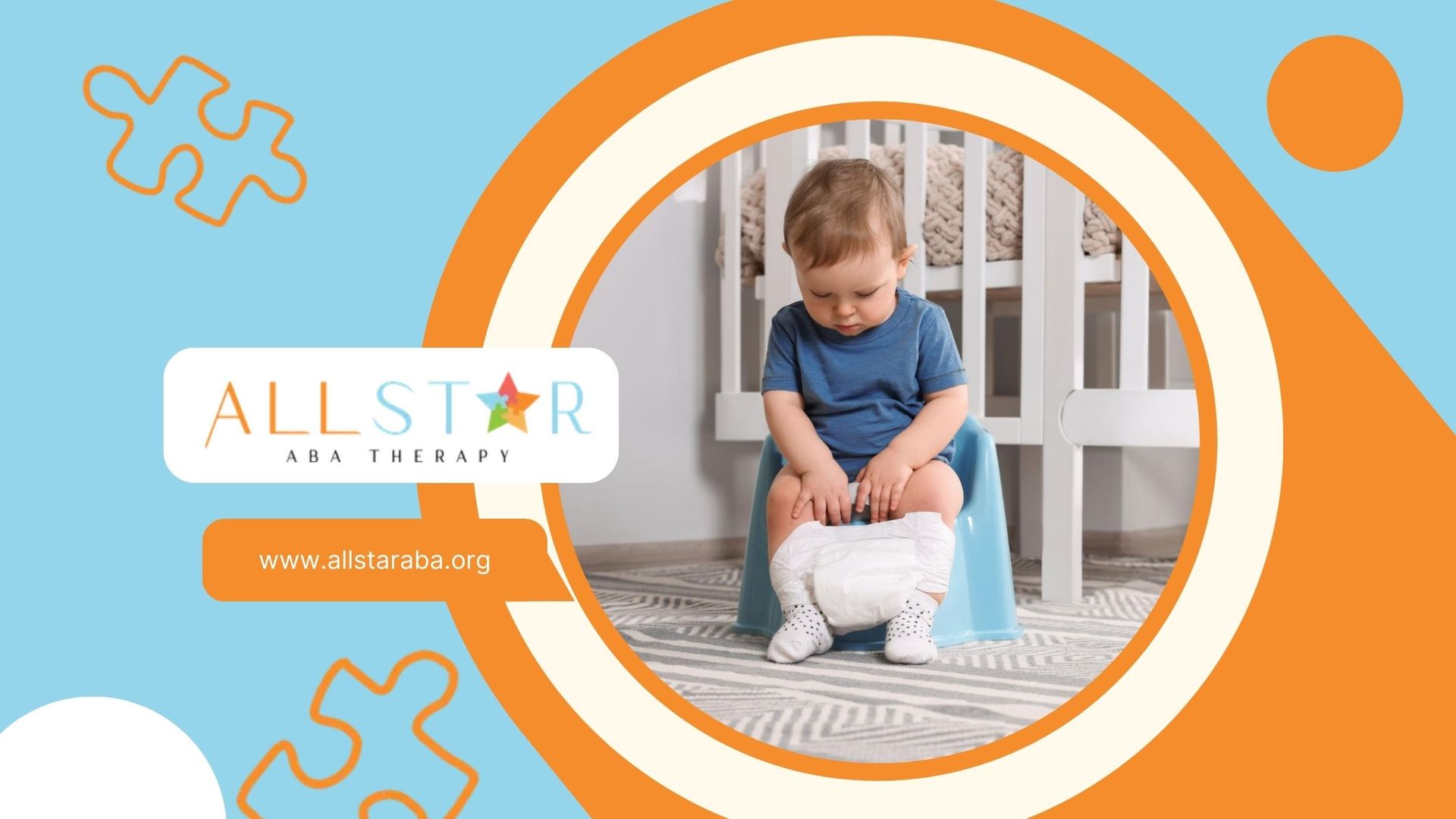 A young boy is sitting on a potty in front of a crib.