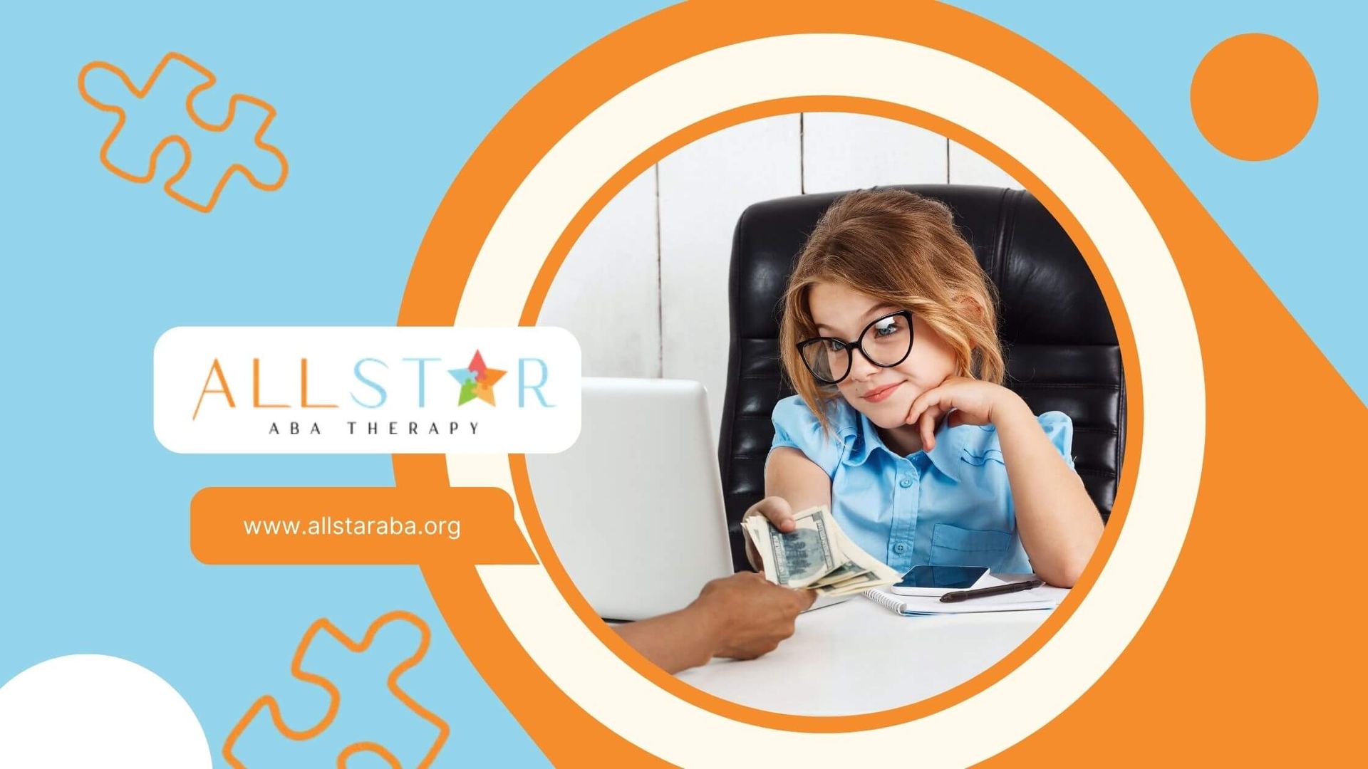 A young girl sitting at a desk with glasses, looking curiously at someone handing her money.