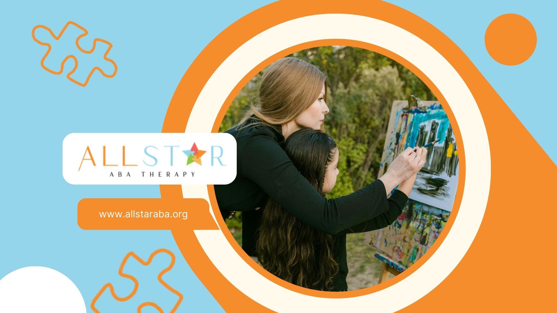 An RBT guiding a young autistic girl in painting on a canvas outdoors on a sunny day in Maryland.