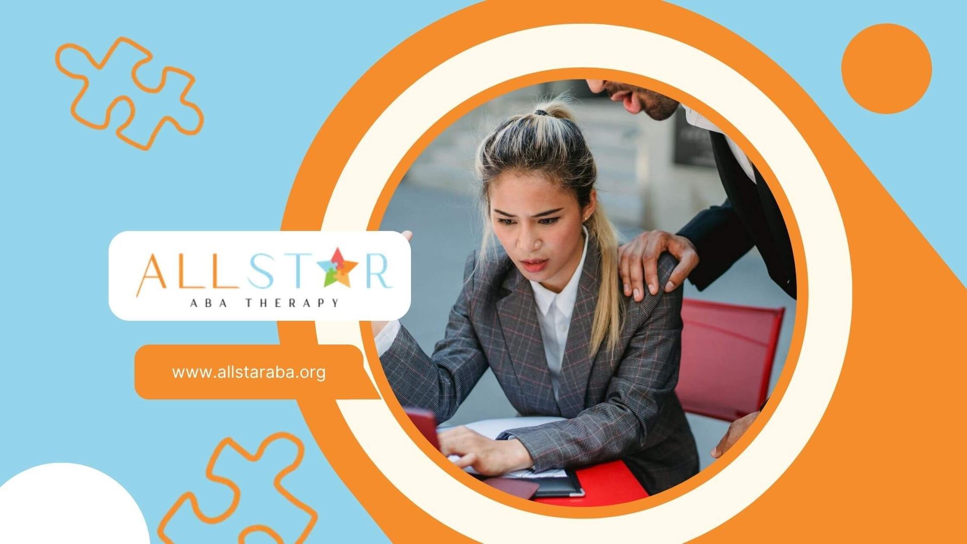 ABA therapist looking frustrated at laptop as coworker leans over with hand on her shoulder.