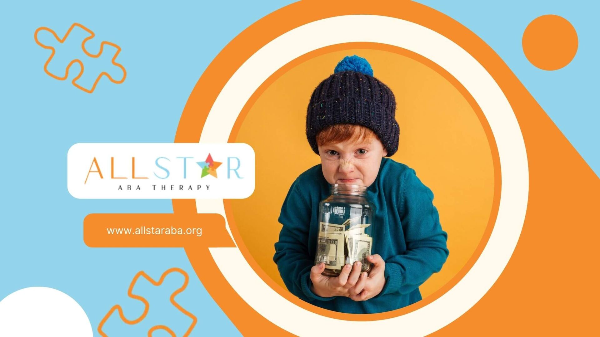A red-haired autistic boy holding a jar filled with cash, making a grumpy expression after therapy.