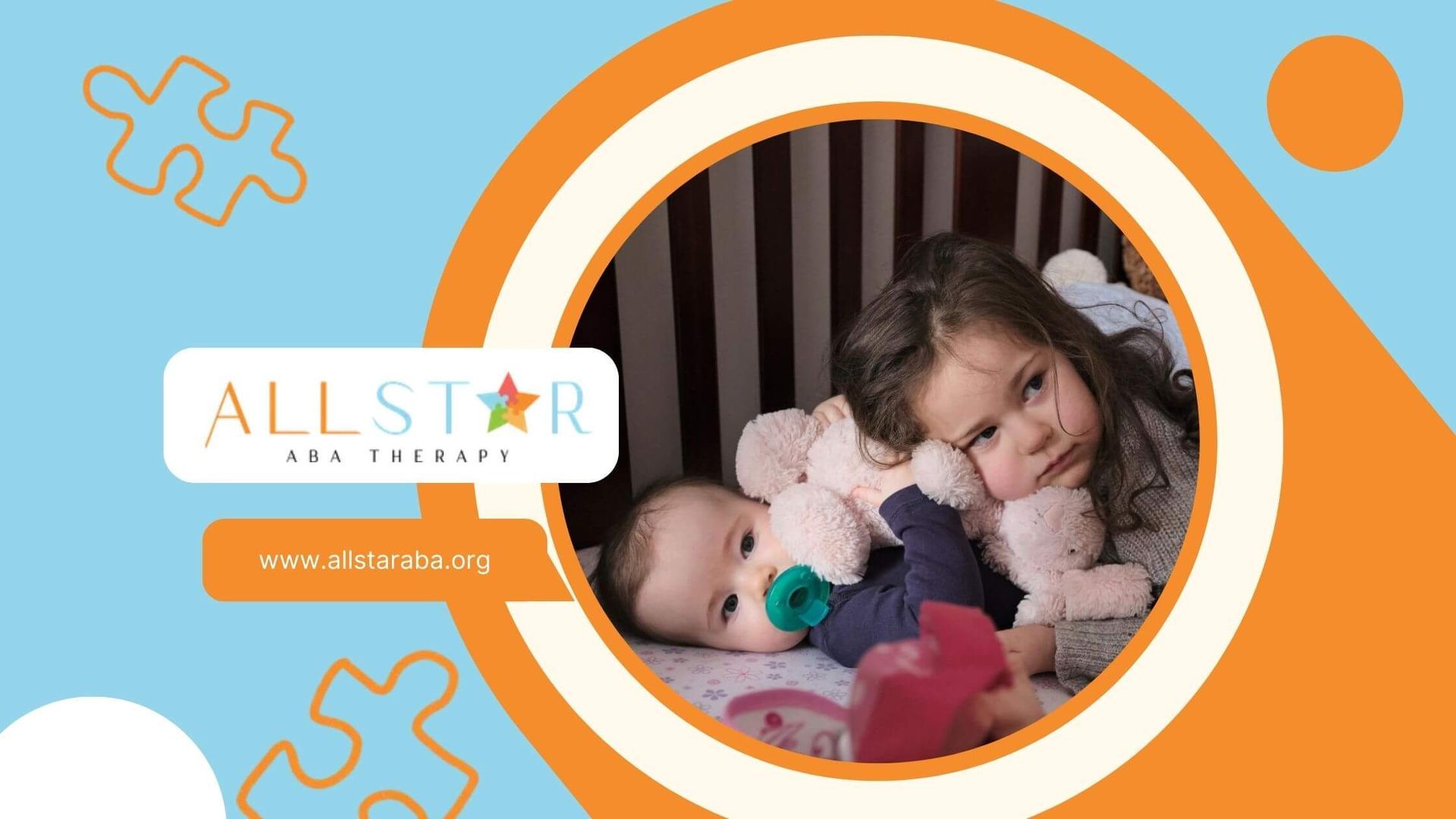 Autistic child and baby lying in crib with stuffed animals.