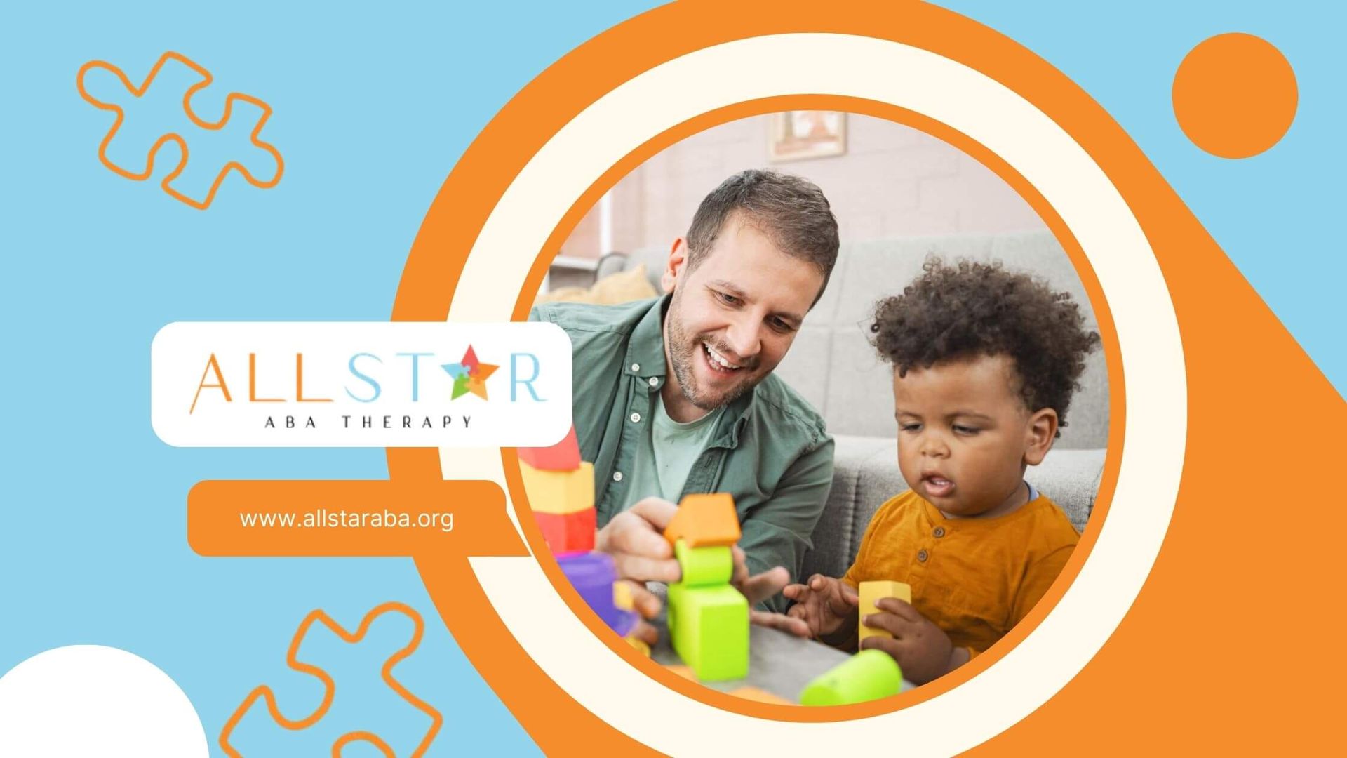 BCBA and toddler stacking bright toy blocks on the floor in ABA therapy.