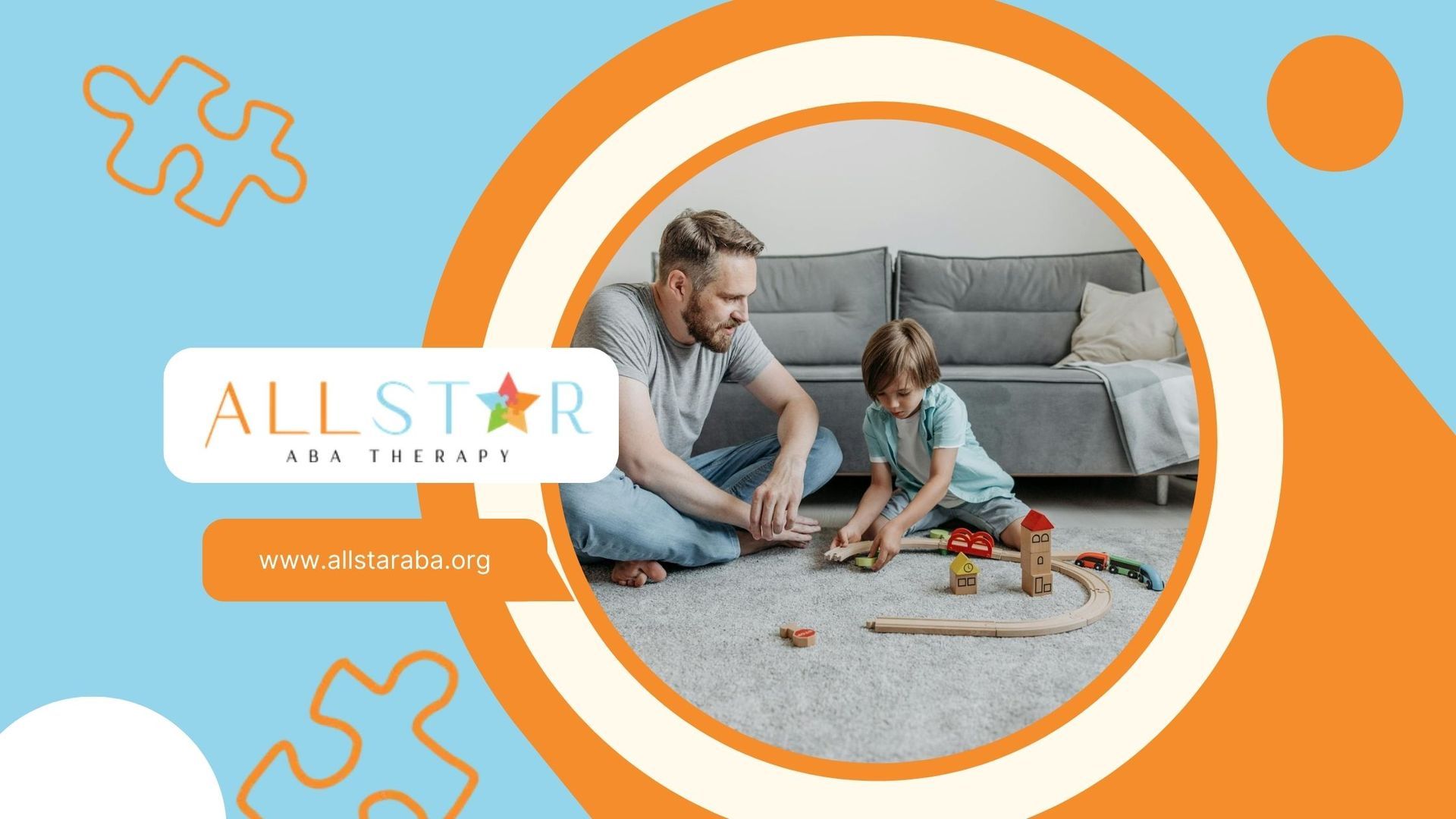 RBT and autistic child playing with wooden train set on the carpet during in-home ABA therapy in MD.