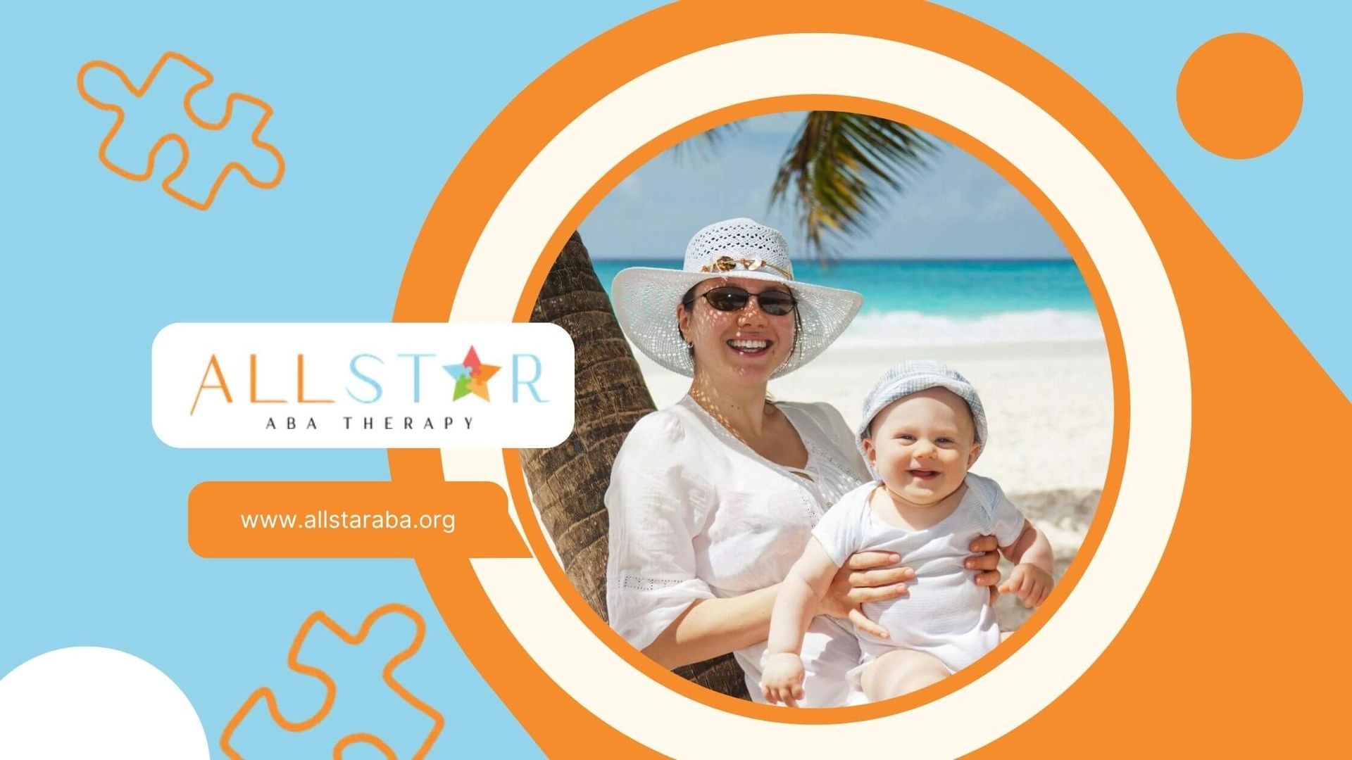 Smiling ABA therapist holding and autistic baby on a sunny beach under a palm tree in Maryland.