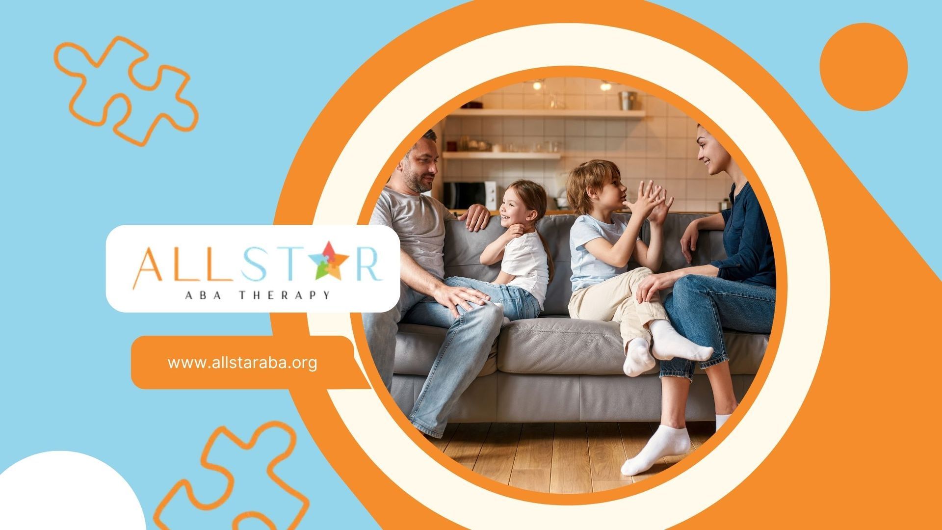 Family on couch, conversing, within a round orange frame. Blue background with puzzle pieces and logo.