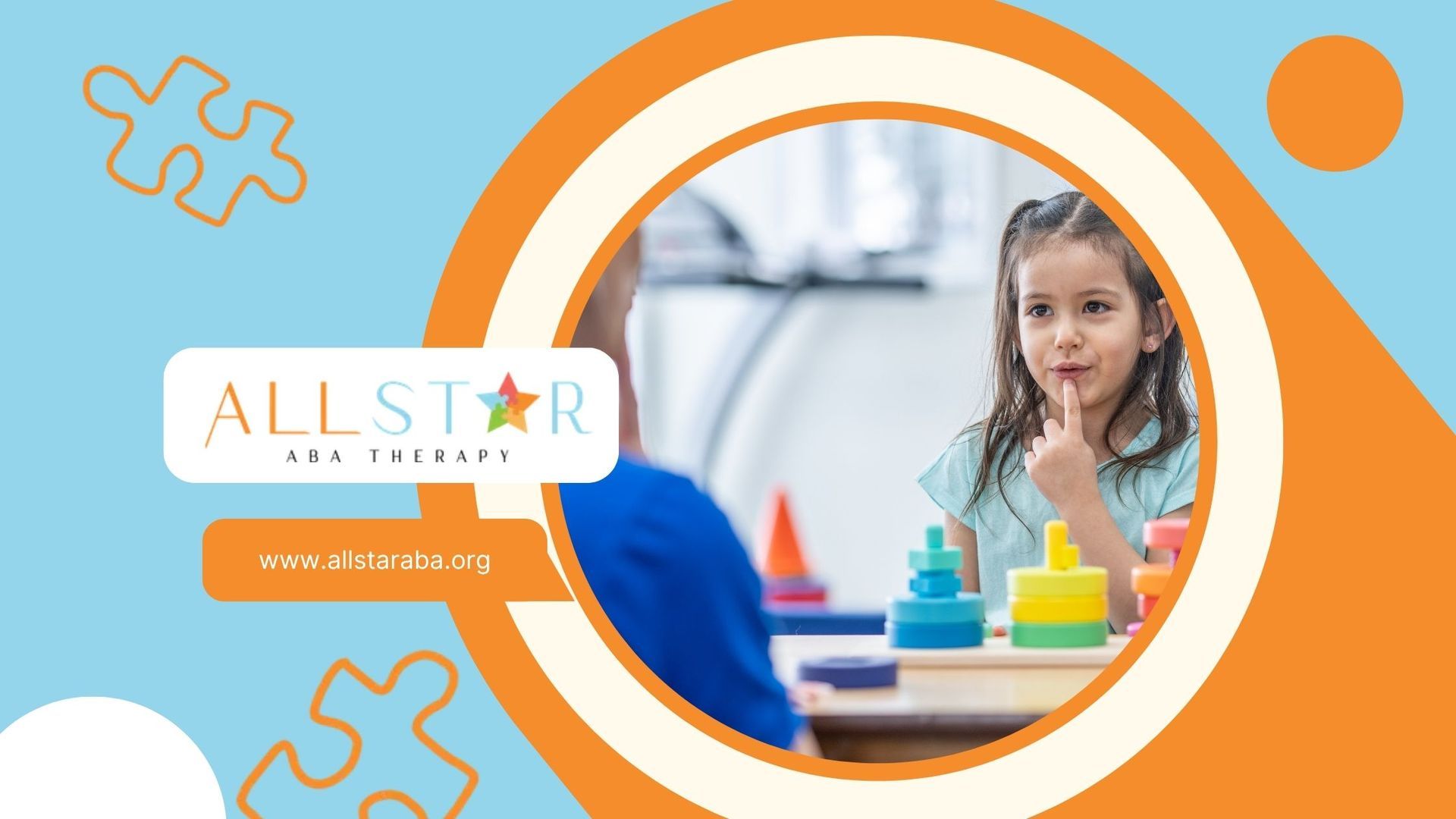 Child smiling at classroom table with colorful toys, framed by orange and blue All Star Kids banner