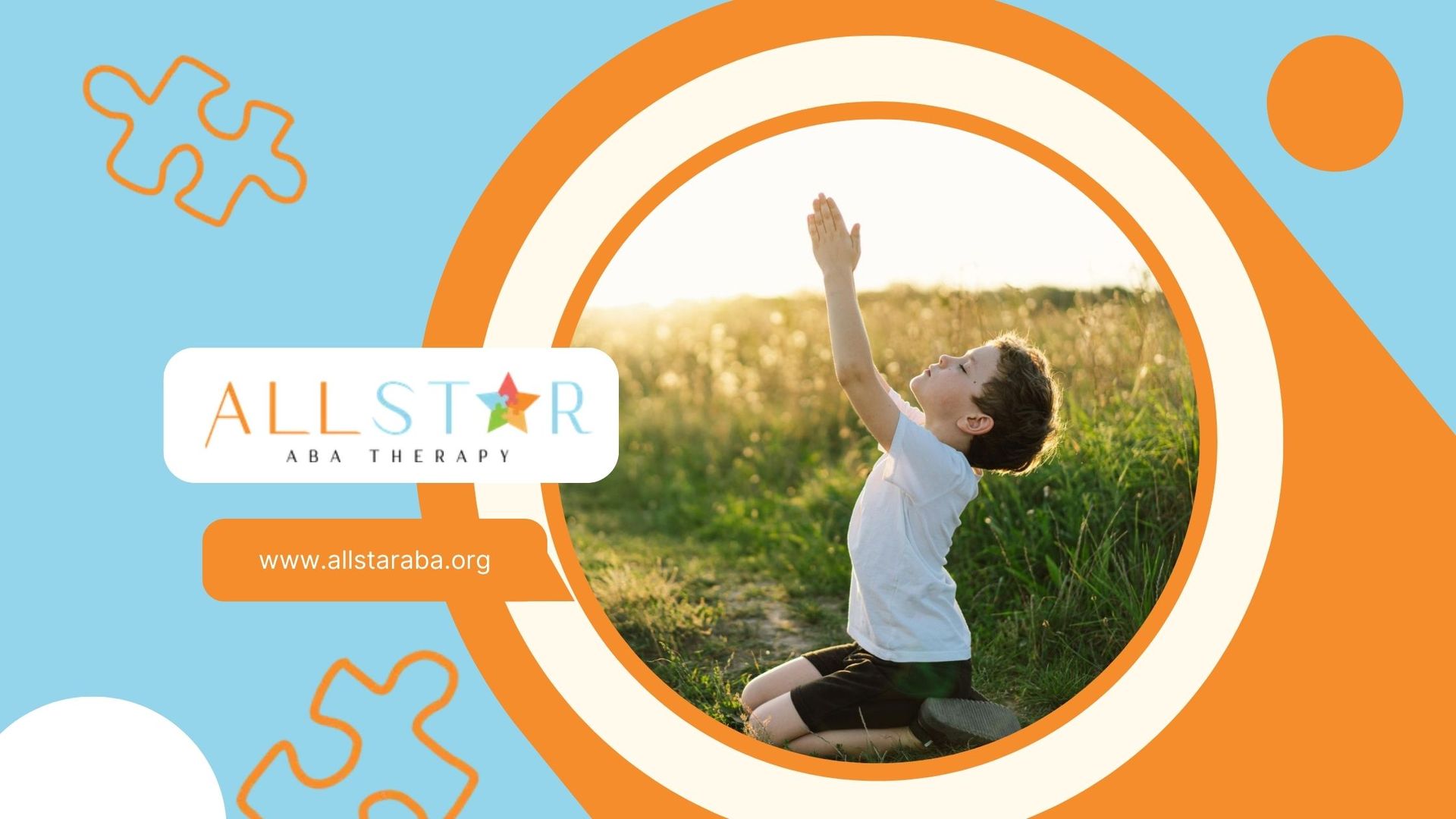 A child with autism kneels outdoors, arms raised.