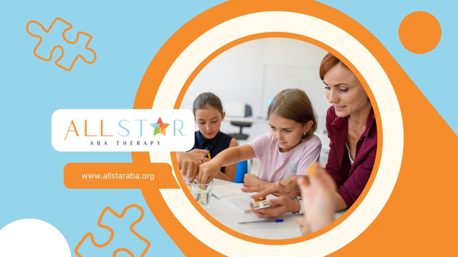 Woman and two young girls doing a puzzle. Blue and orange background. All Star Kids Therapy logo.