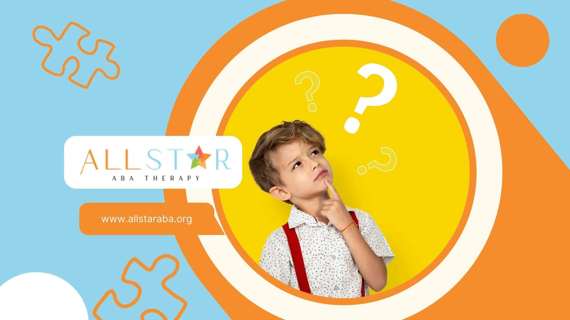 A boy with red suspenders and a white shirt thinking deeply with question marks around his head.