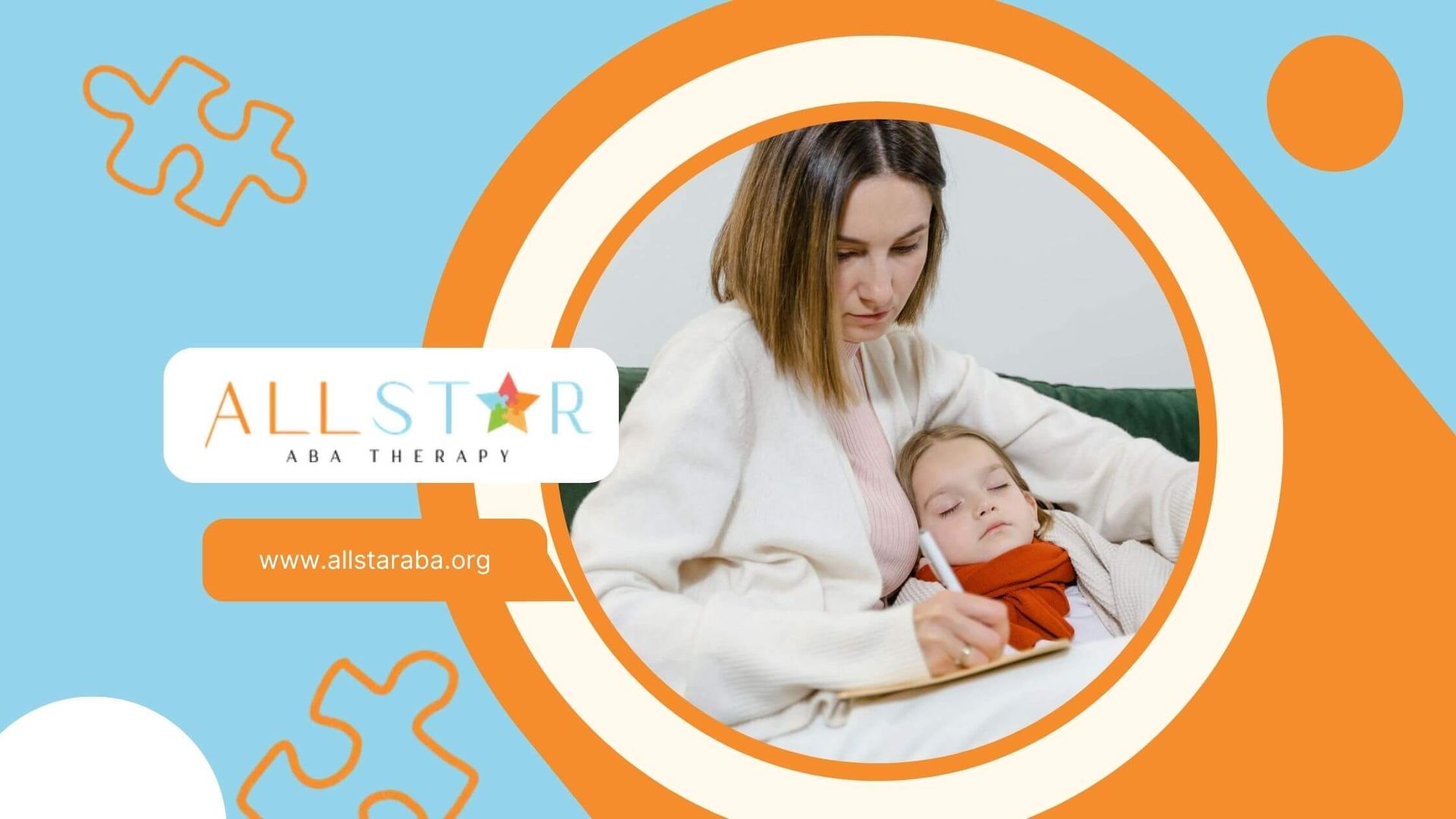 ABA therapist writing while holding a sleeping autistic child on her lap after therapy in Maryland.