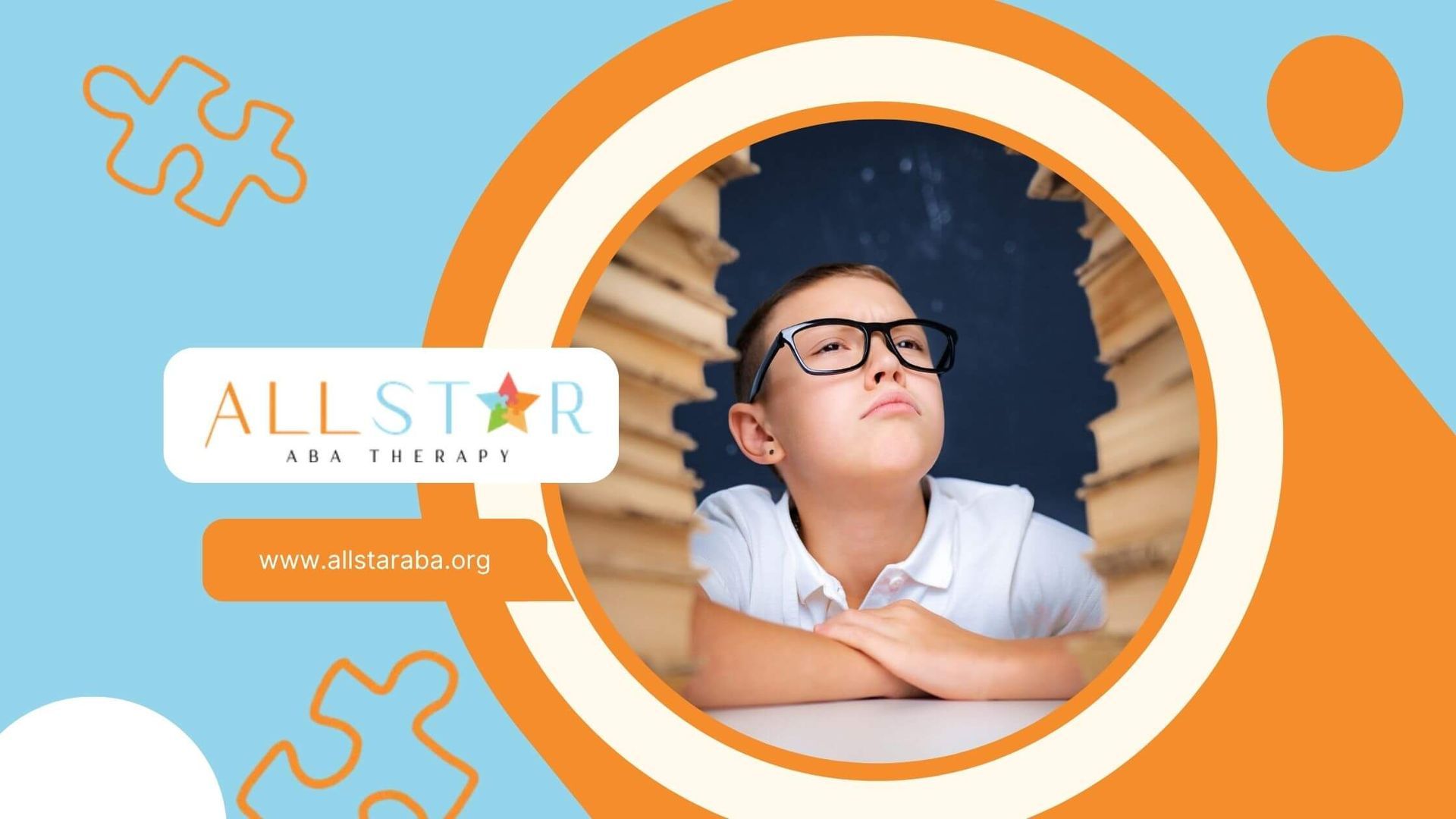 Child with autism wearing glasses looking thoughtfully between two stacks of books.