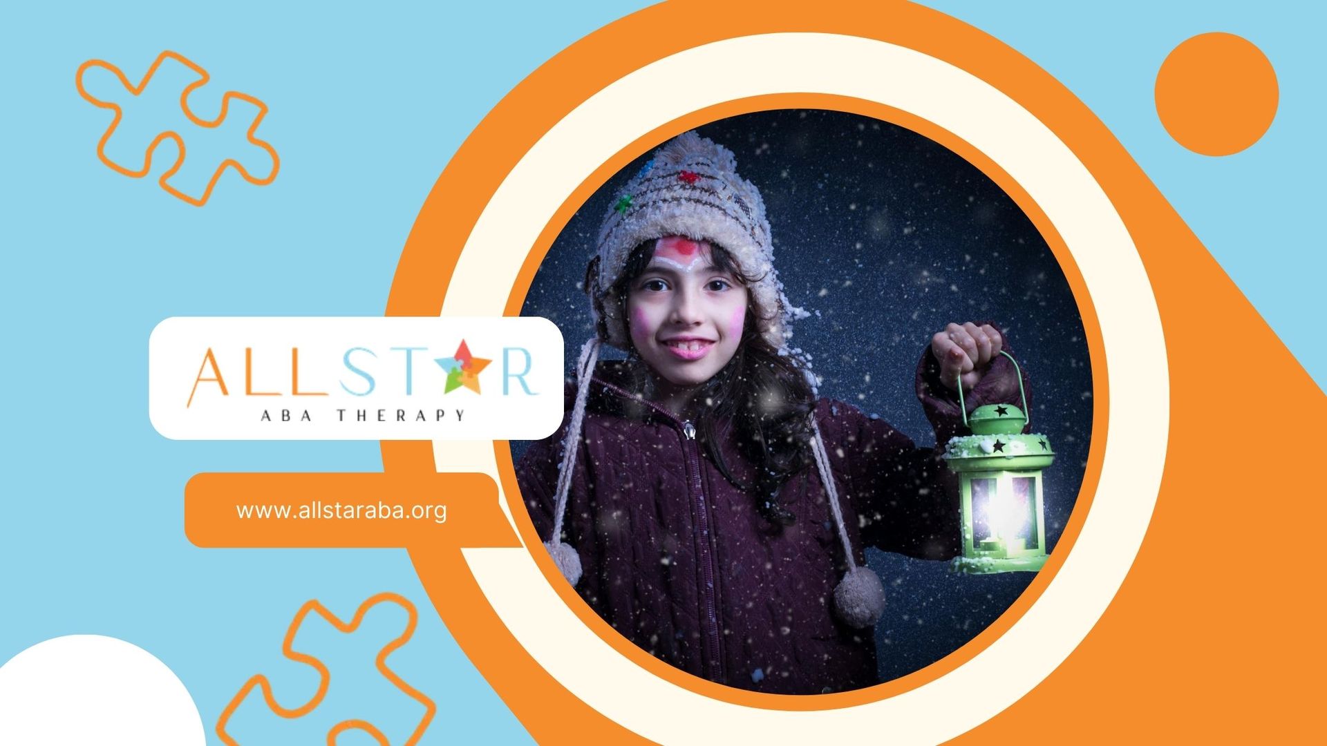 A smiling autistic girl in a winter hat and coat holding a glowing lantern in the falling snow.