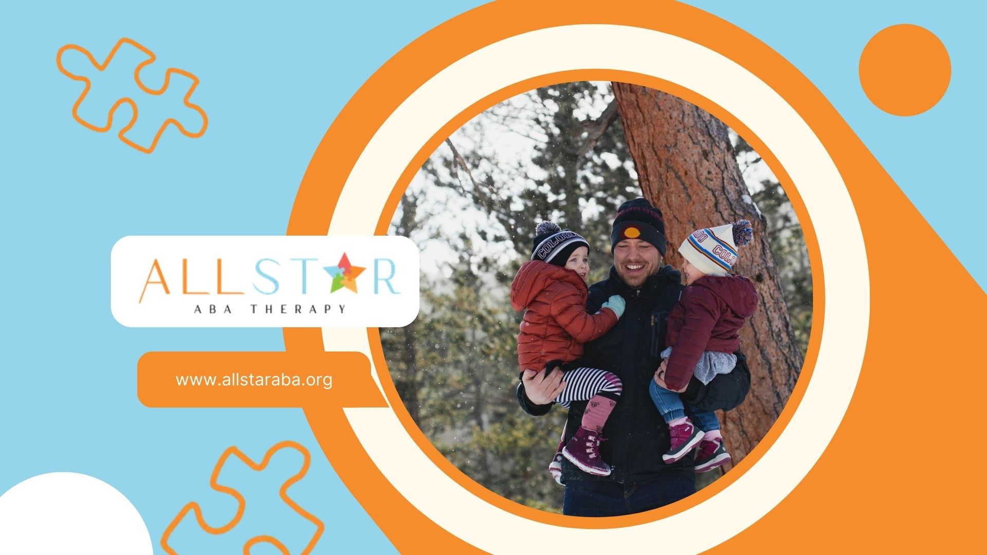 ABA therapist joyfully holds two young autistic children at a snowy forest during ABA therapy in MD.