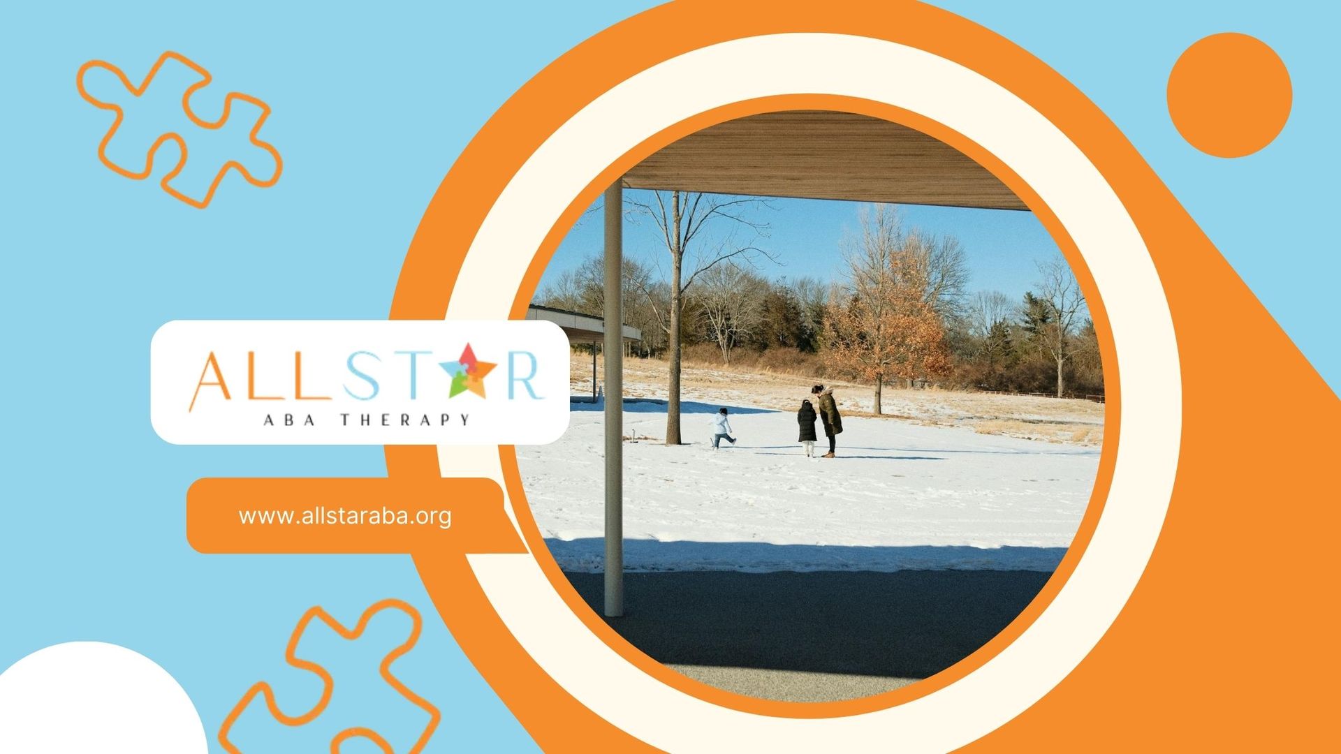 A family enjoying a snowy day outdoors with autistic children playing in snow near a building in TX.