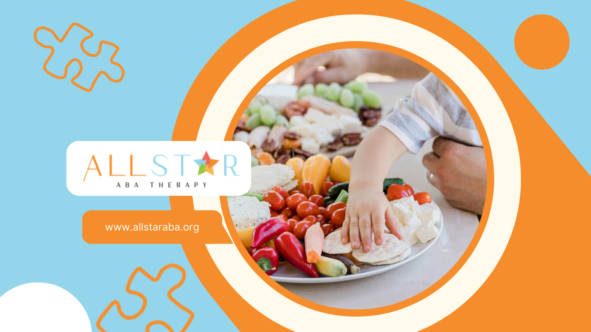 Child reaching for food on a platter with All Star Fun Therapy logo.