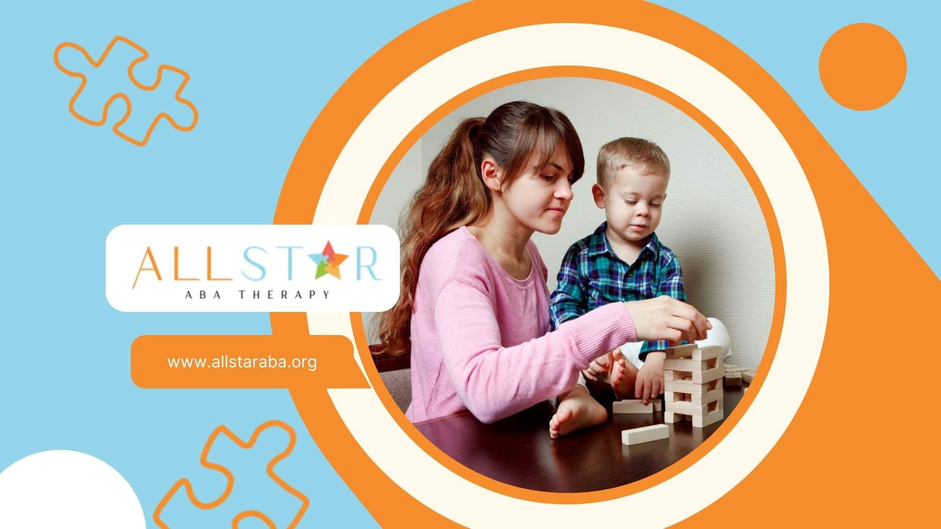 ABA therapist and autistic child are playing with wooden blocks at a table.