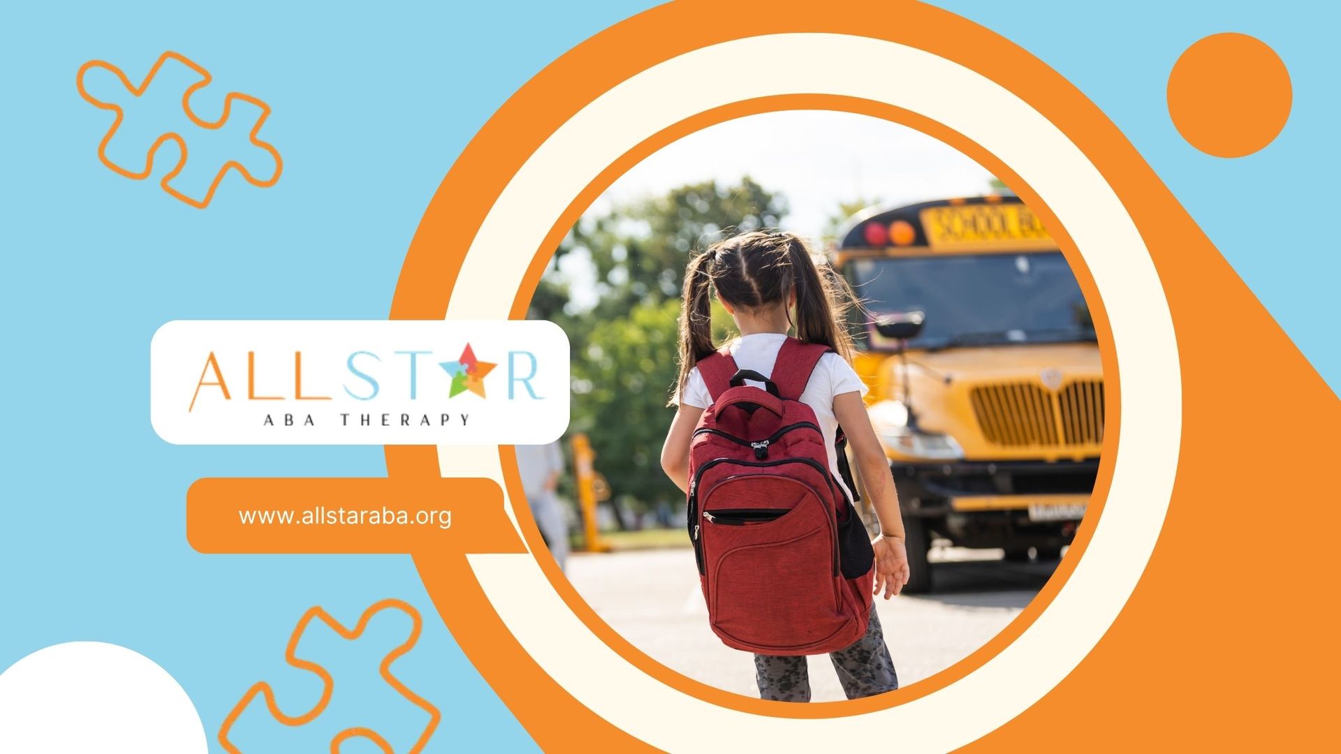 Student with red backpack walking beside a yellow school bus in a blue and orange back-to-school graphic