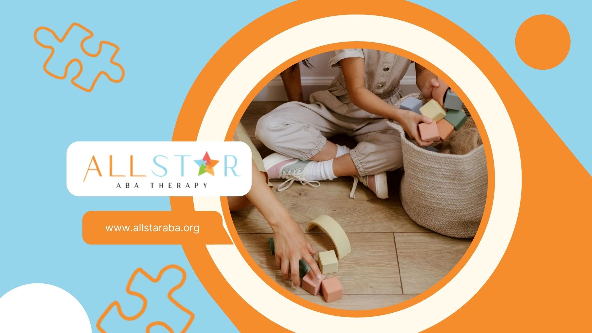 An autistic child and an RBT's hands organizing pastel-colored wooden blocks on the floor in MD.