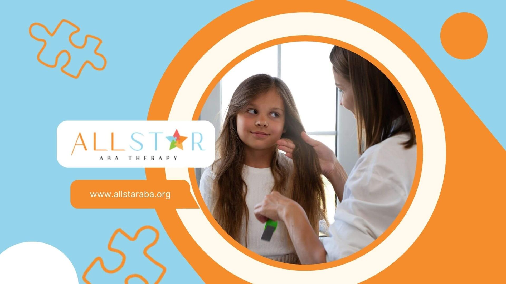 BCBA brushing autistic girl's long hair in bathroom.