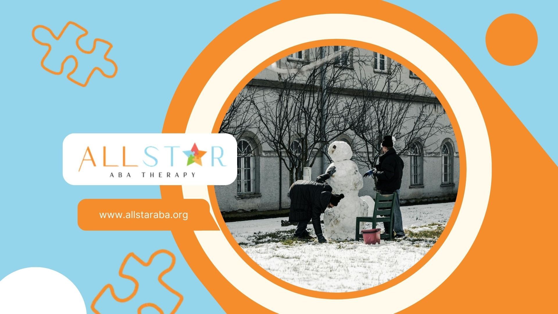 Two autistic teens building a snowman in front of an old building on a winter day in Maryland.