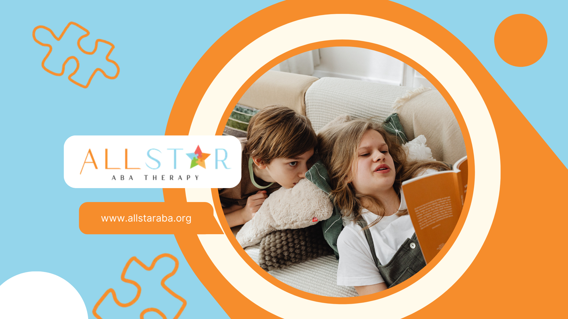 Two children reading a book in a cozy setting. Blue and orange design with the text 