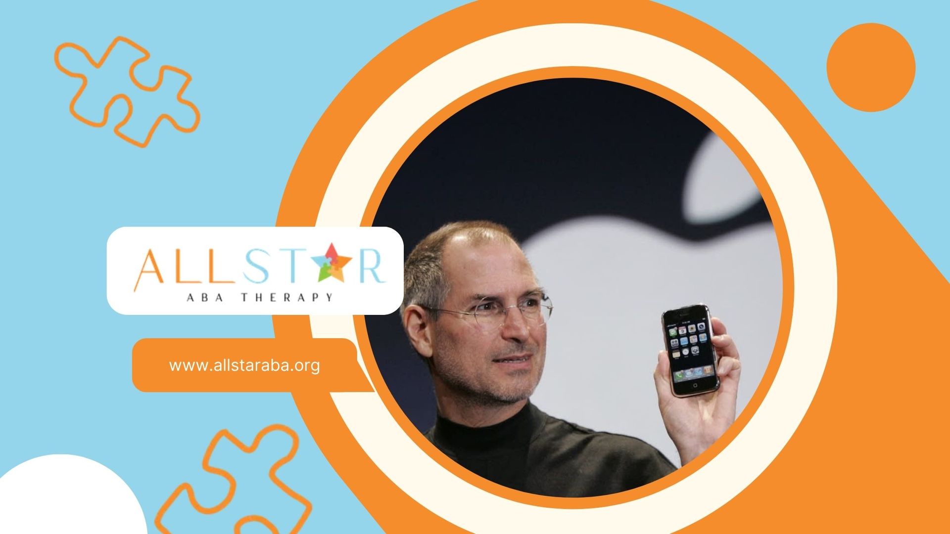 Steve Jobs, suspected of autism, holding iPhone while presenting in front of Apple logo in MD.