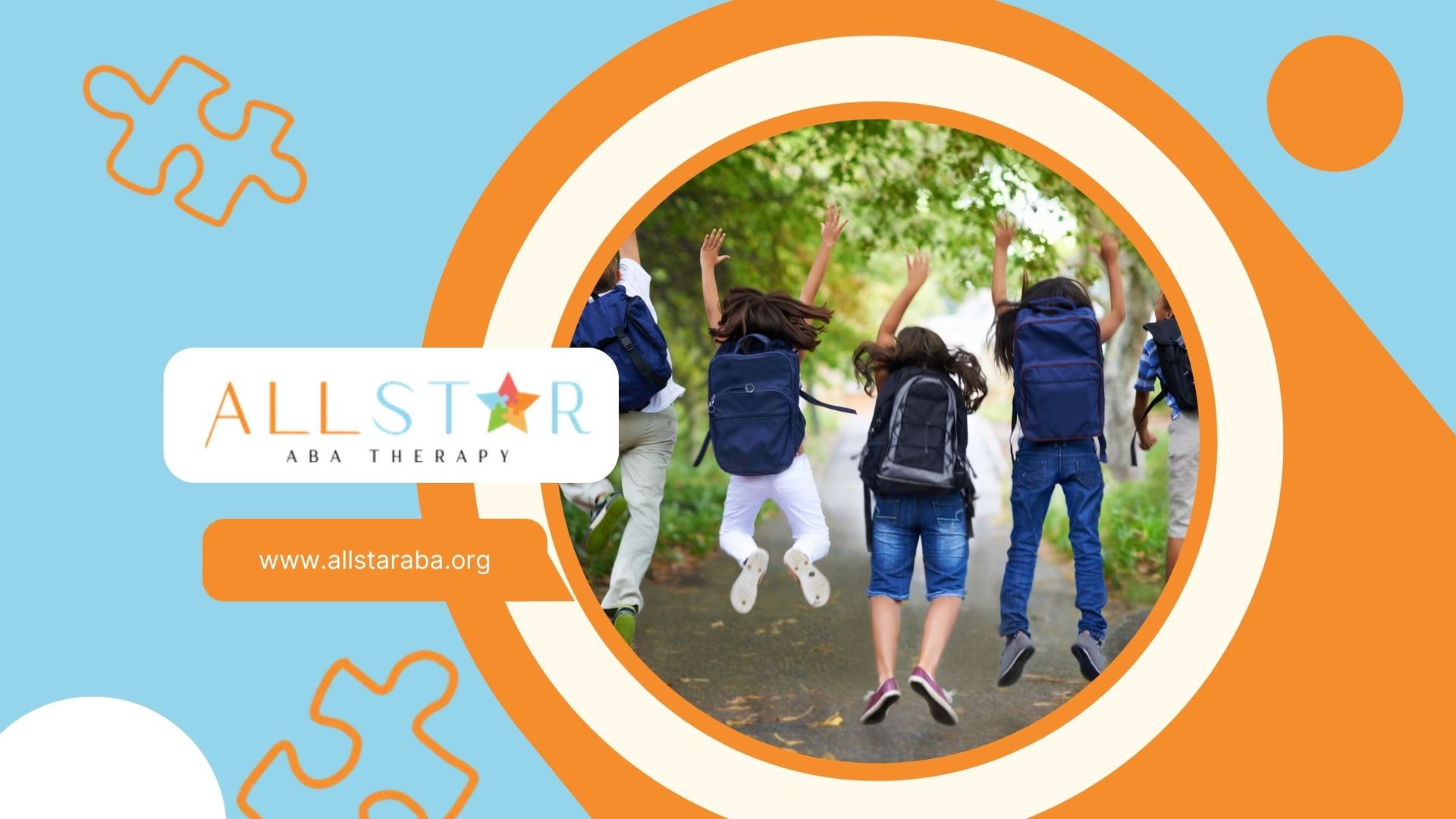 Children walking on a tree-lined path in a colorful orange and blue “All Star” event banner