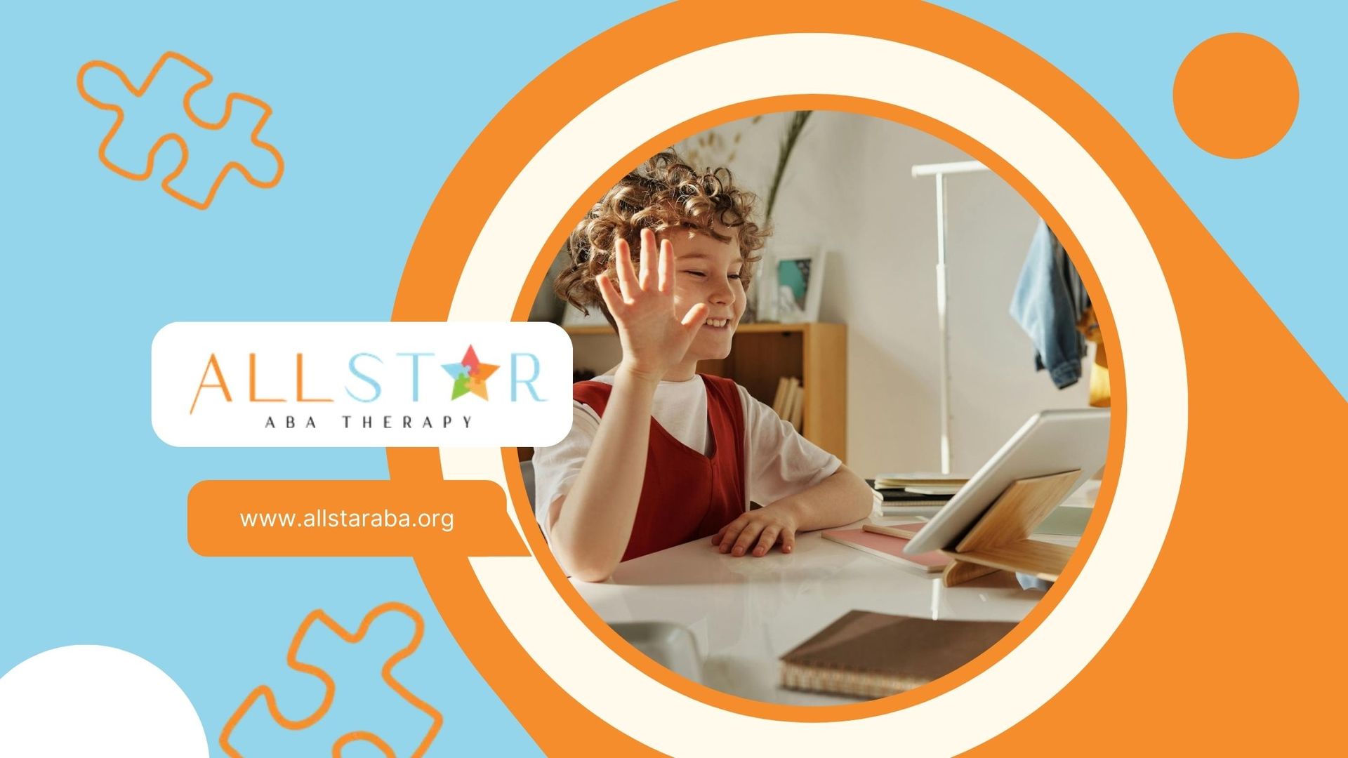 Smiling autistic child waving at a tablet during a Telehealth ABA therapy session at home in MD.