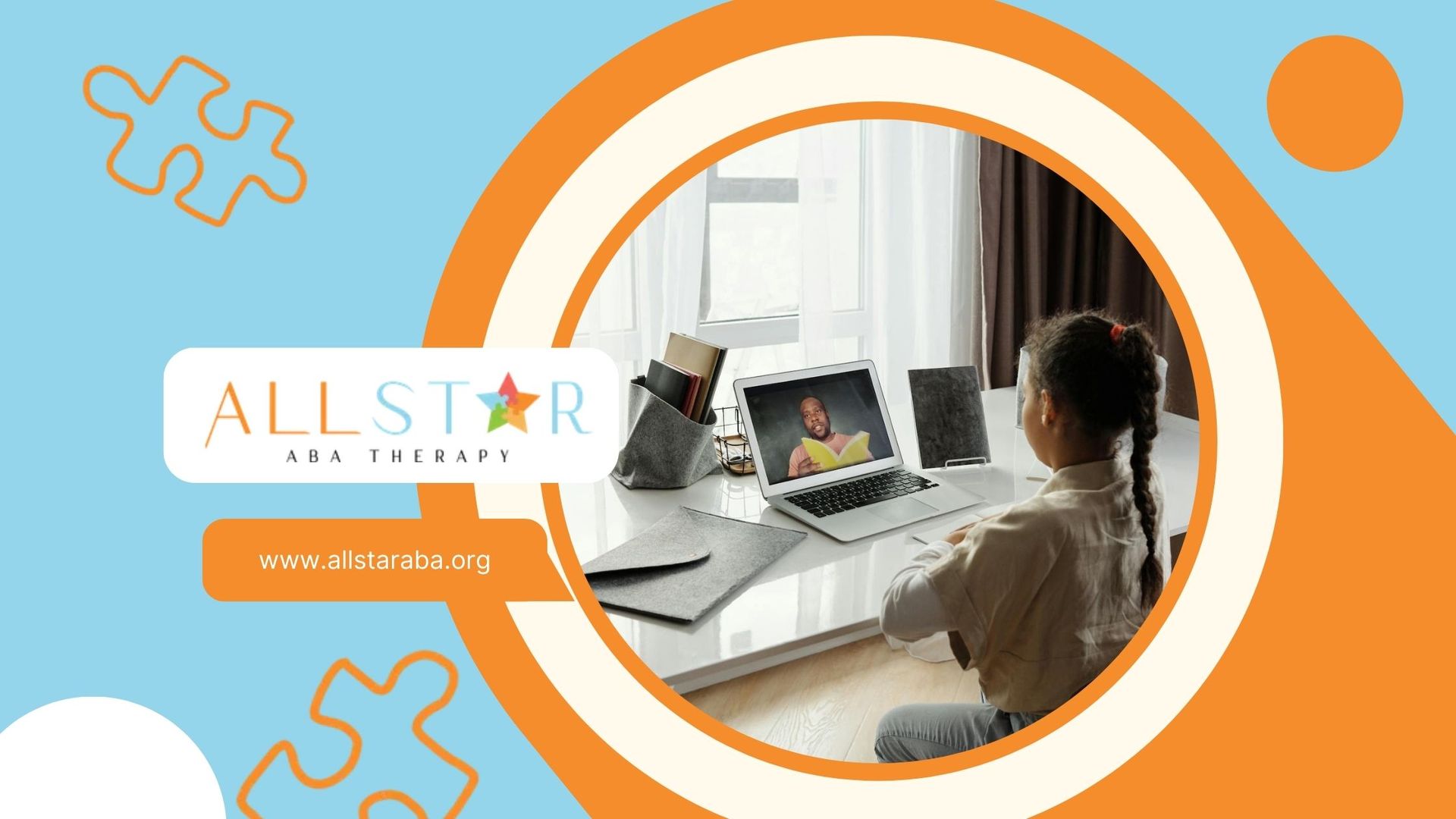 Young autistic girl watching an RBT read on a laptop during Telehealth ABA therapy in Maryland.