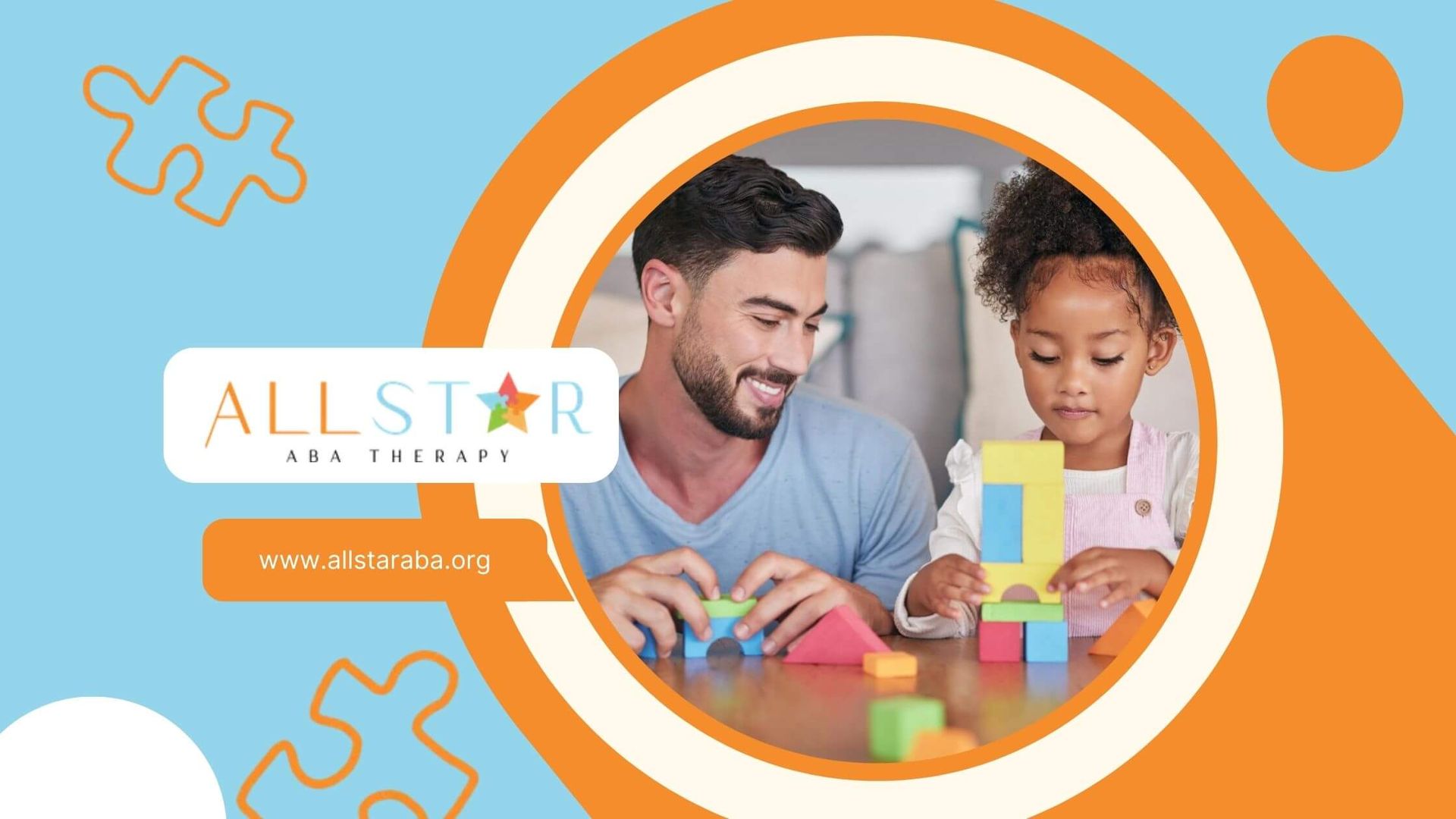 BCBA and young child building a tower with colorful wooden blocks in ABA therapy.