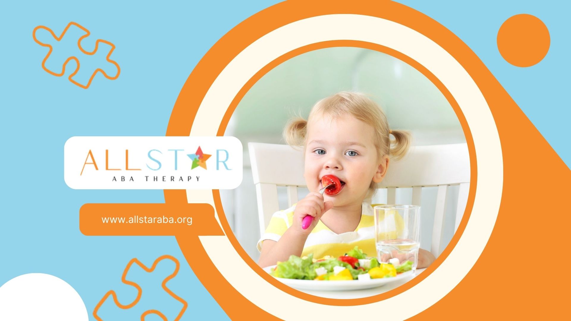 Toddler eating at a table in a bright orange and blue ad design with “All Star” text