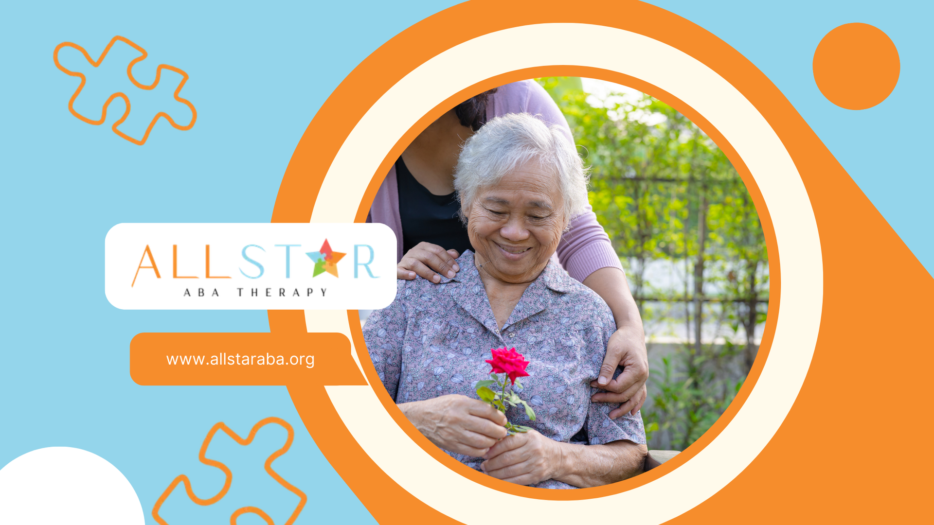 Woman holding a rose with hands on her shoulders; set in a circular orange frame with a light blue background.