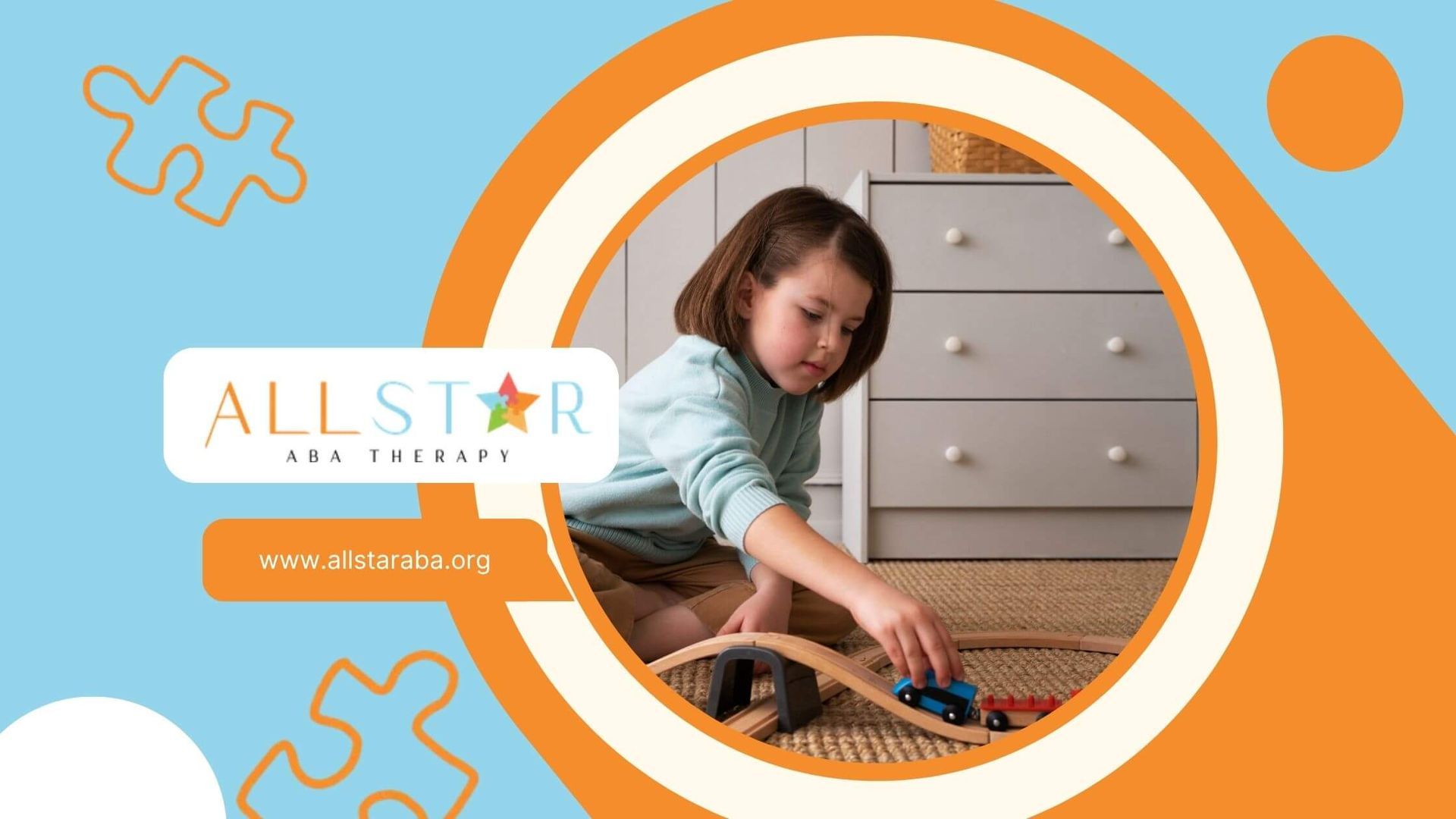 Child playing with wooden toy train on floor in ABA therapy.
