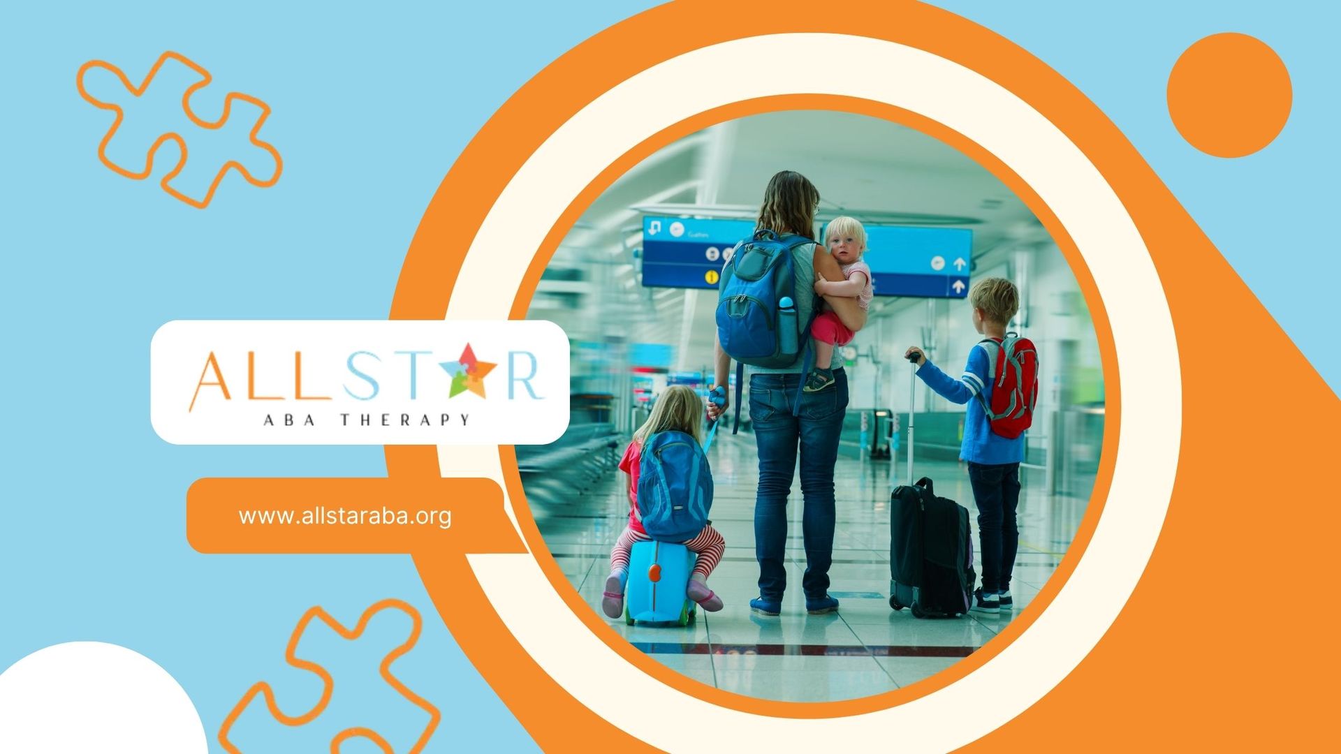 Family with luggage at airport terminal, framed in orange-and-blue “All Star” travel theme.