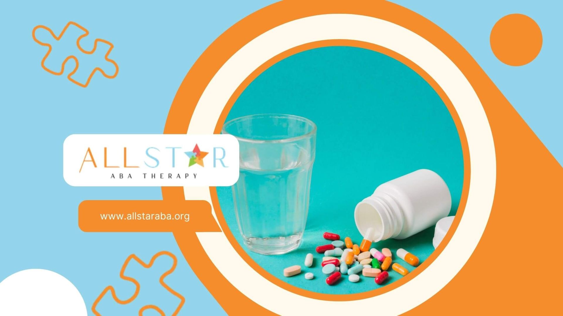 Glass of water with spilled pills from a white bottle.