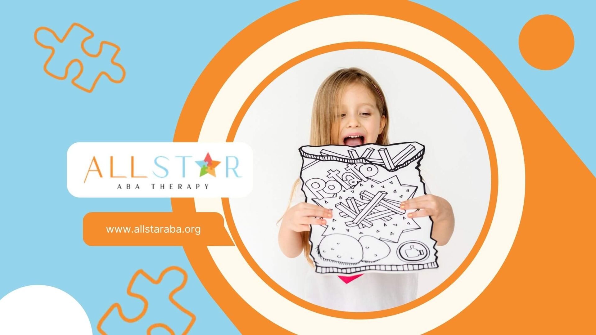 Girl with autism holding up a black-and-white drawing of a potato chips bag.