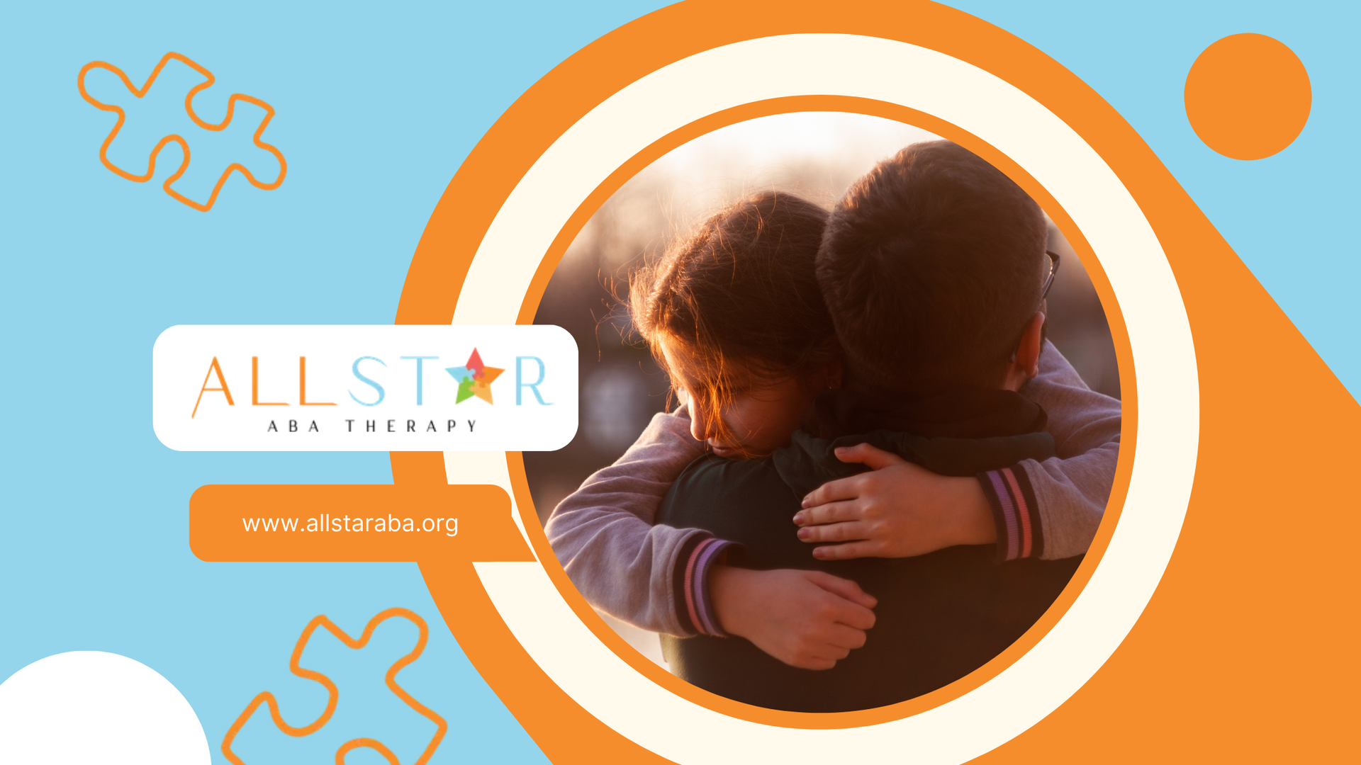Person hugging child; blue and orange background; All Star Autism Therapy logo.