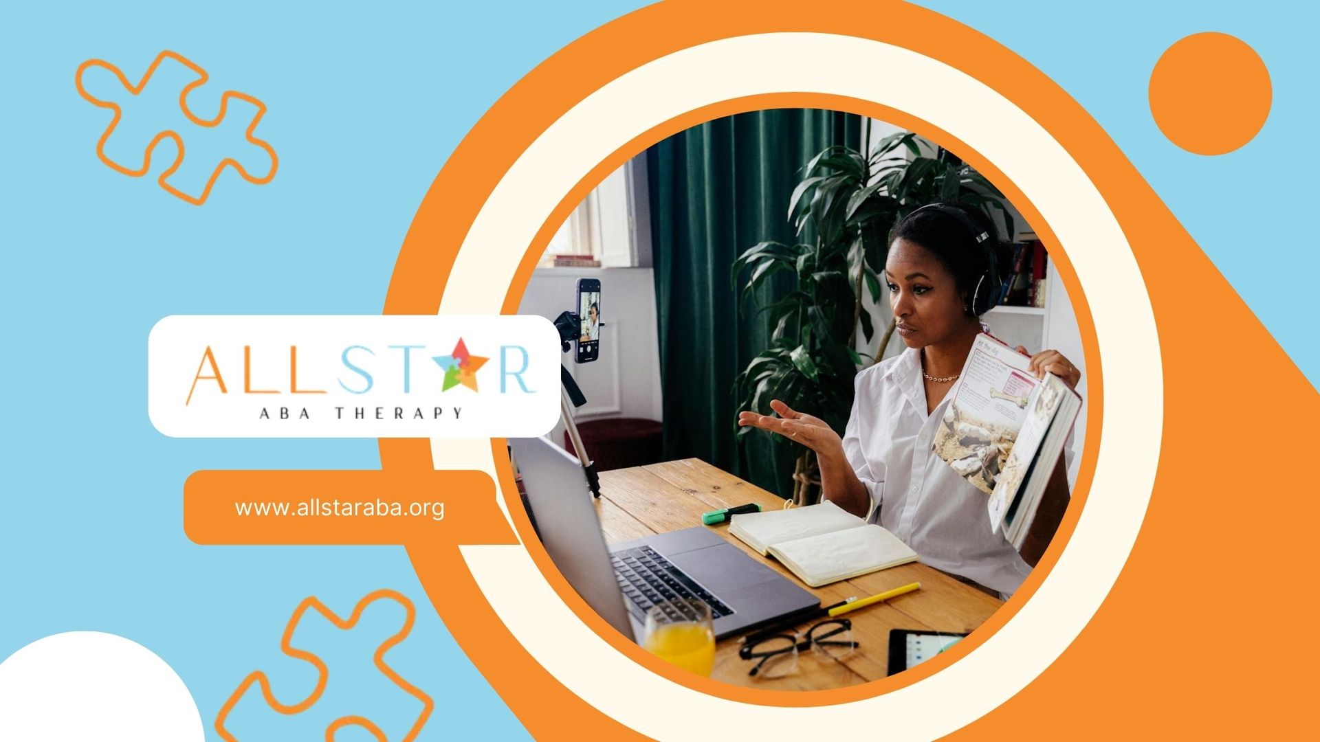 An ABA therapist conducting virtual ABA therapy with book and headphones at home in Maryland.